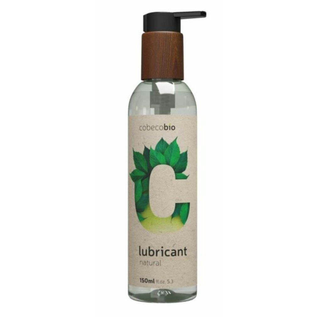 Cobeco Bio Gleitmittel Flasche mit Pumpspender und Holzoptik-Akzenten. Natürliches Gleitmittel.