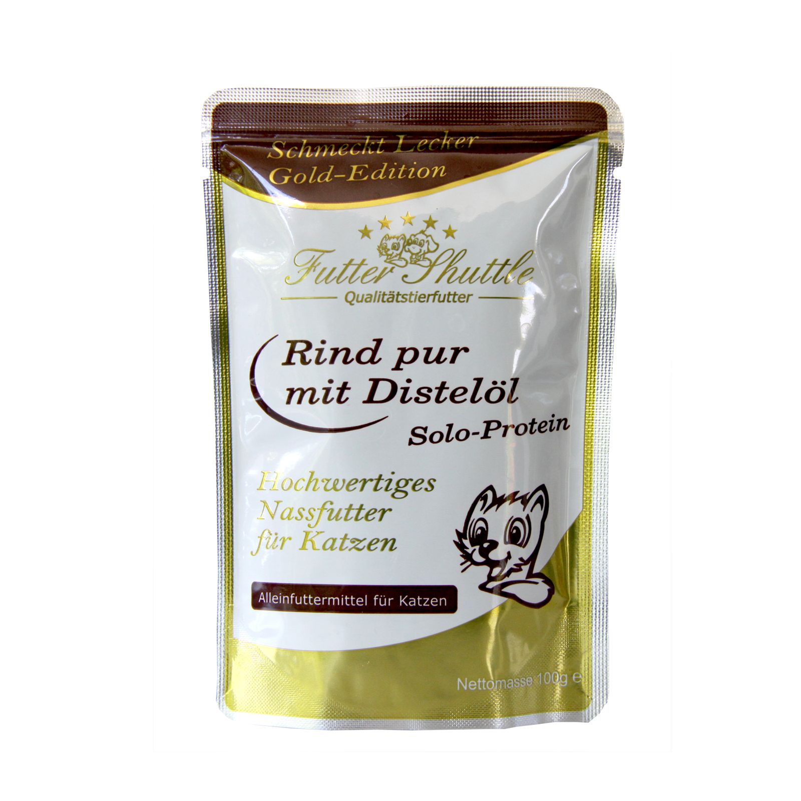 Katzen Nassfutter Beutel. Gold Edition. Rind mit Distelöl. Text: Futter Shuttle, Rind pur, Solo-Protein, Nassfutter für Katzen.