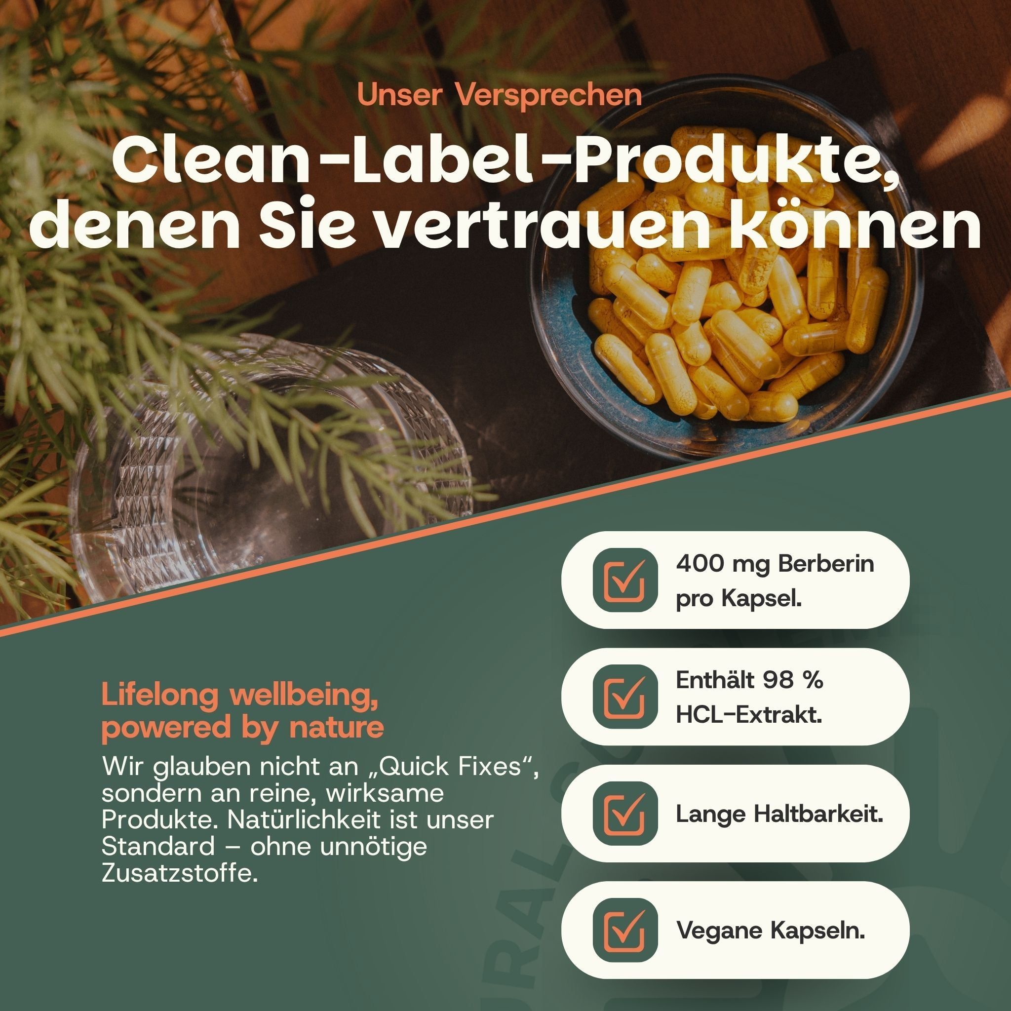 Schale mit gelben Kapseln, daneben ein Glas Wasser und eine Packung. Text hebt 'Clean Label' hervor.
