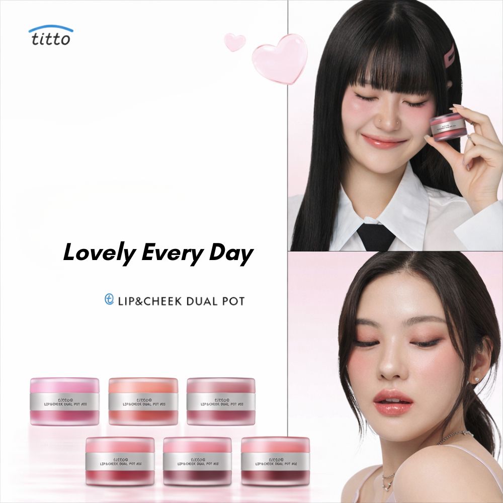 Werbebild mit titto Lip & Cheek Dual Pot. Produktabbildungen und Gesichter von Frauen, die das Produkt verwenden.