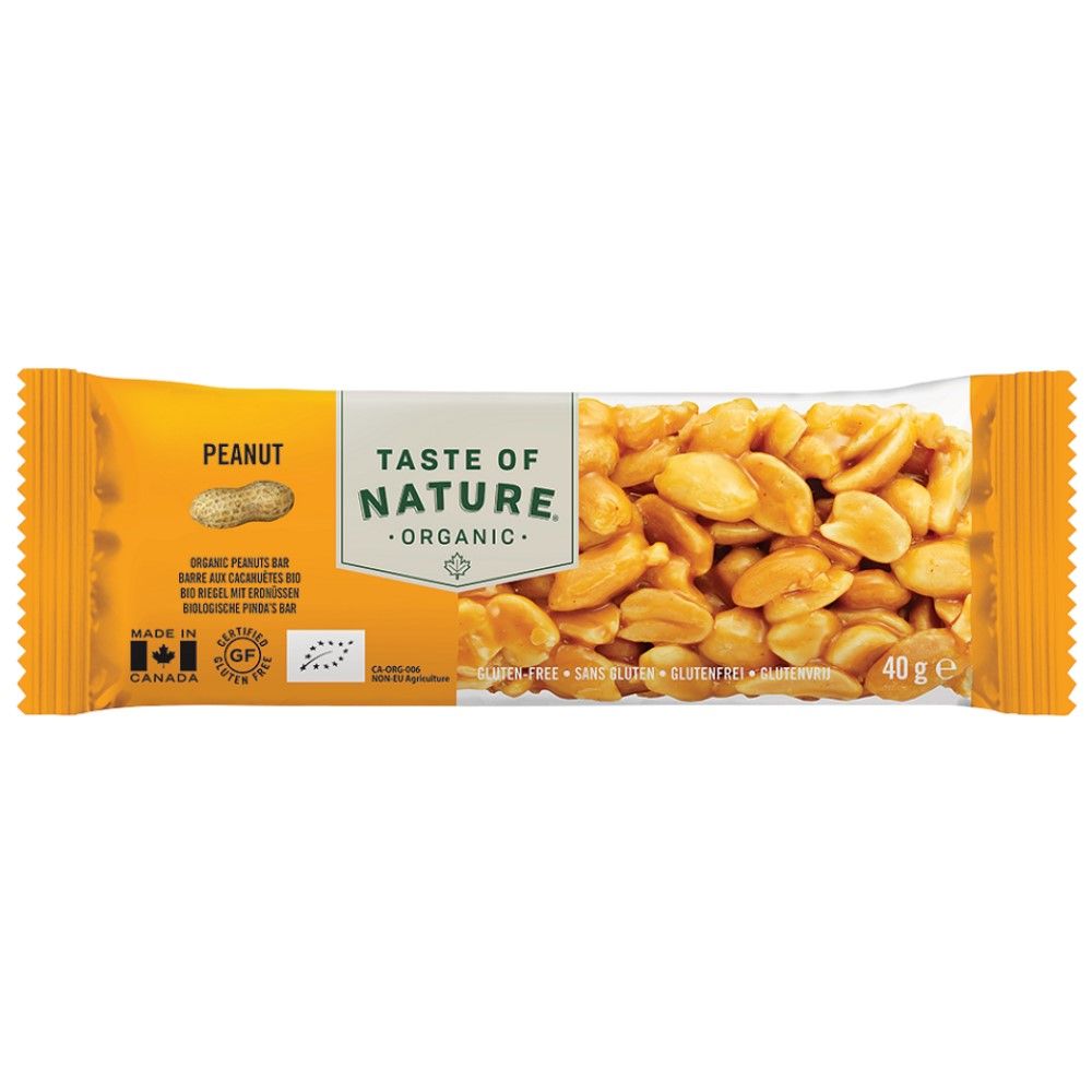 Ein einzelner "Taste of Nature" Organic Peanut Riegel in einer gelben Verpackung. Der Riegel zeigt geröstete Erdnüsse. Auf der Verpackung stehen "Peanut", "Organic", "Made in Canada" und das Gewicht "40g e".