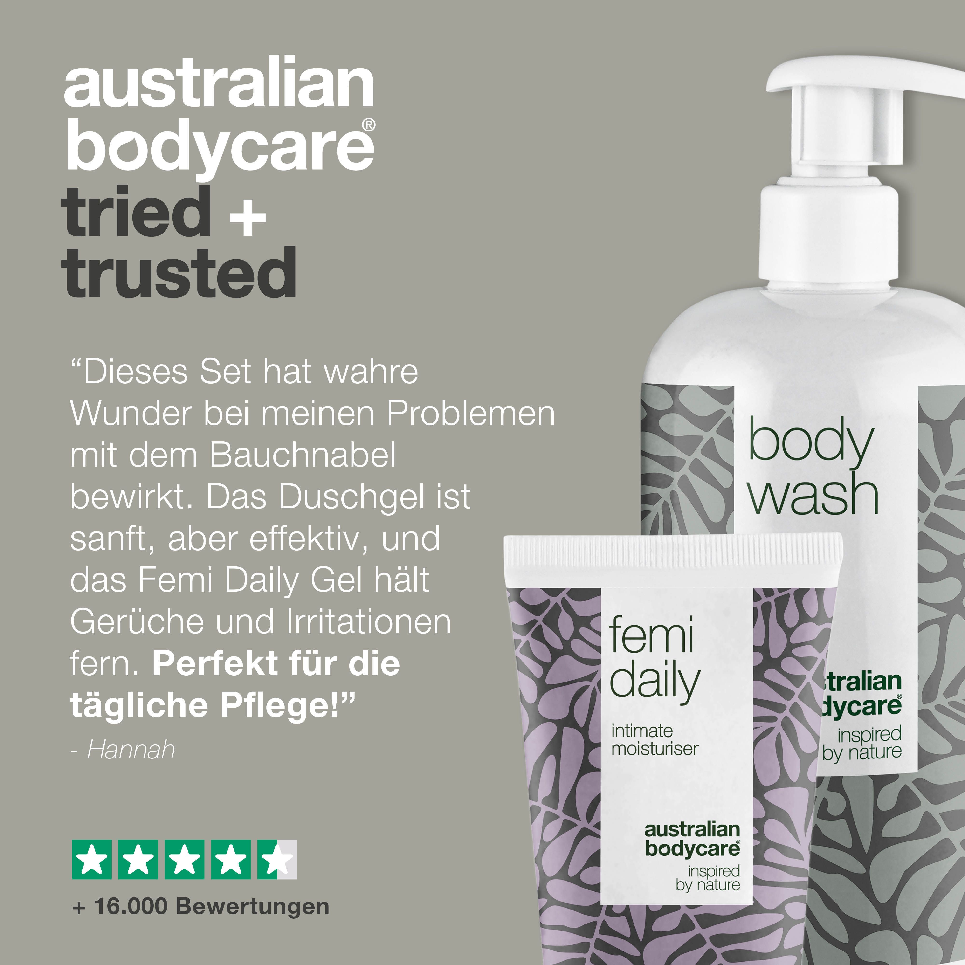 Body Wash und Intimfeuchtigkeitspflege. Text: 'Tried + trusted'. Zitat und Bewertungen.
