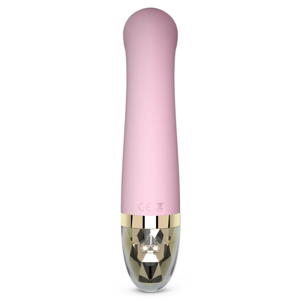 Rosa Vibrator mit abgerundeter Spitze und goldfarbenem Akzent. CE-Kennzeichnung. Geometrisches Design.