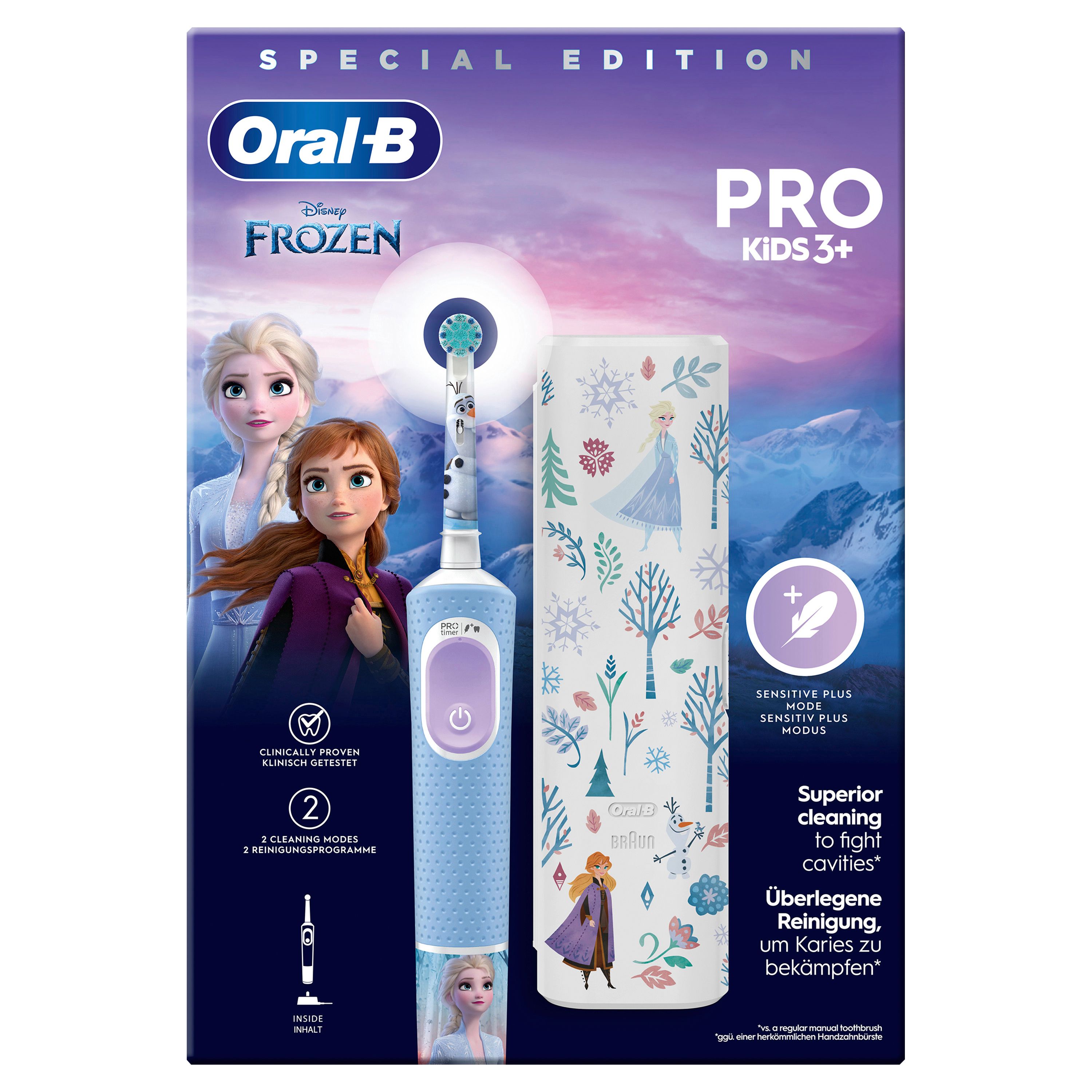 Elektrische Zahnbürste, hellblau, Frozen-Design. Reiseetui mit Frozen-Motiv. Oral-B Pro Kids 3+. Verpackung mit Elsa und Anna.