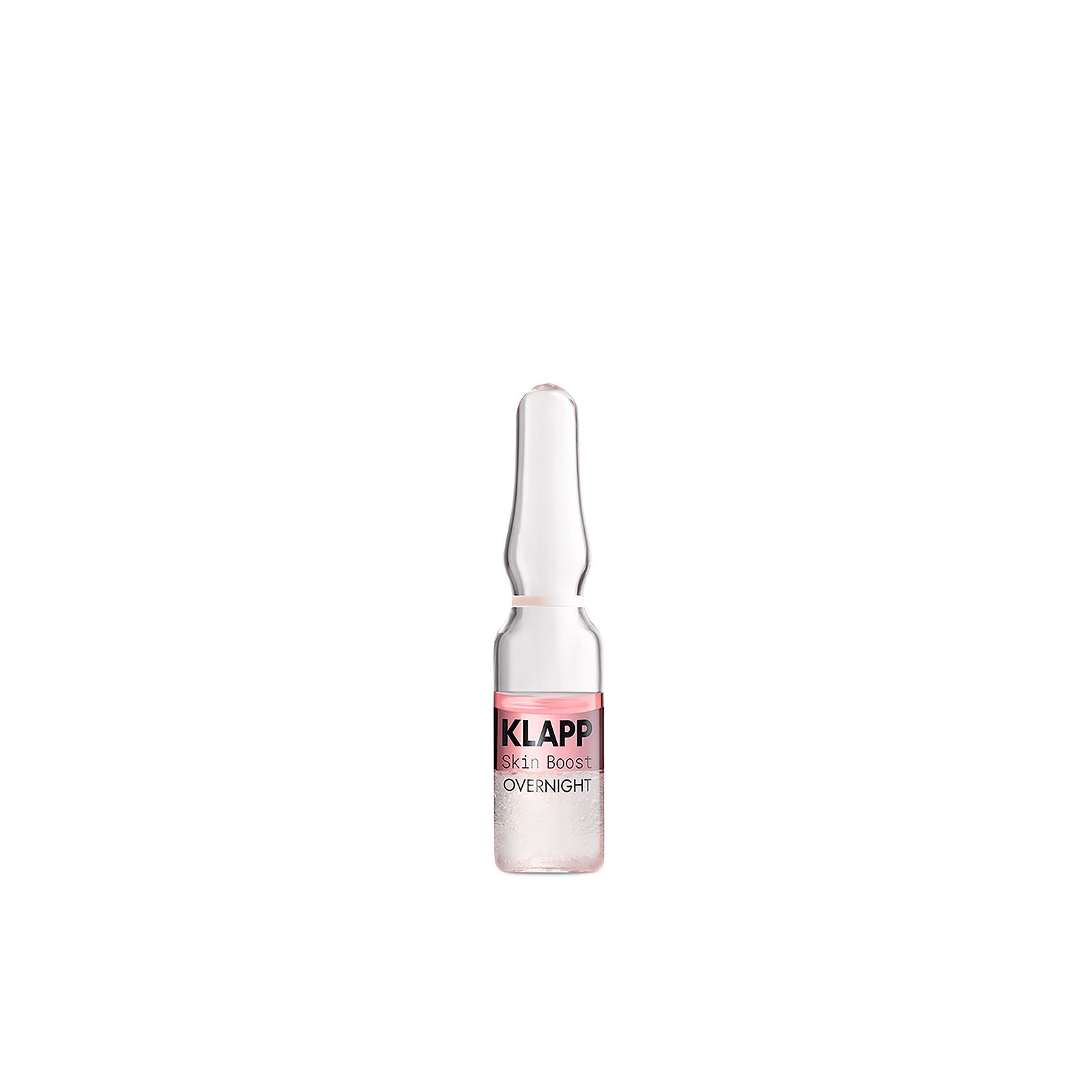 Ampulle mit rosa Etikett. Text: KLAPP Skin Boost Overnight.