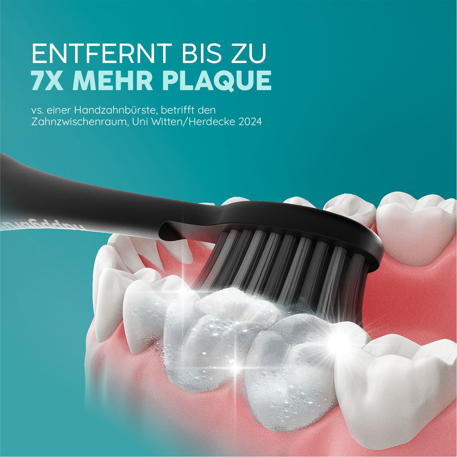 Zahnbürstenkopf reinigt Zähne. Text: Entfernt bis zu 7x mehr Plaque. Uni Witten/Herdecke 2024.