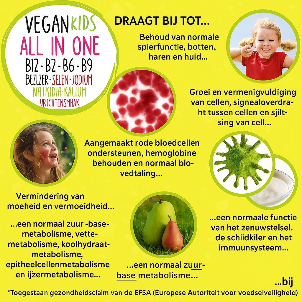 Geel infographic ontwerp met tekst en afbeeldingen. Vegan Kids All in One. B12, B2, B6, B9. Selenium, Jodium, Natrium, Kalium. Fruitsmaak.