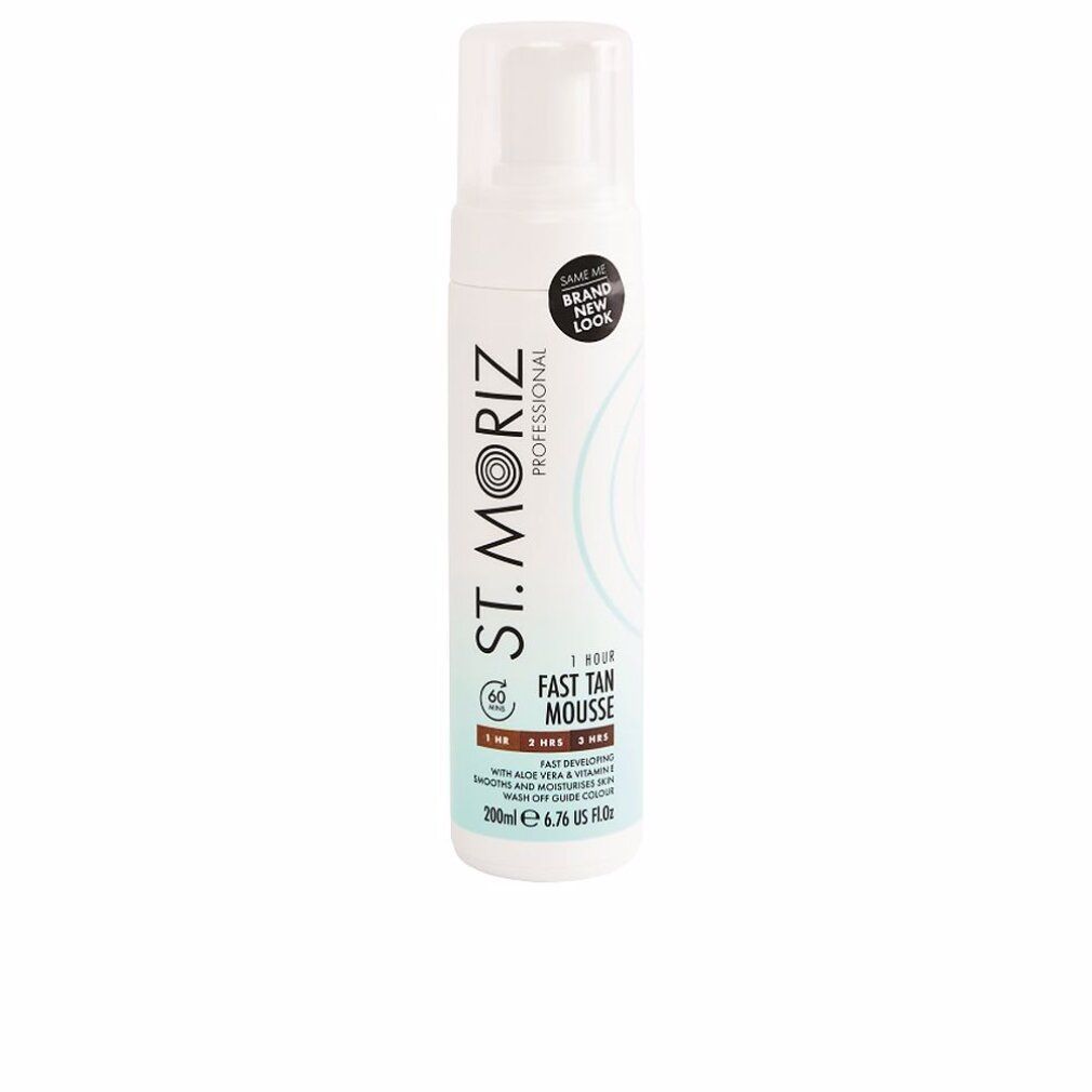 Weiße Flasche mit Sprühkopf. Aufschrift: St. Moriz Professional, Fast Tan Mousse. Mit Aufkleber: Brand New Look. 200ml.