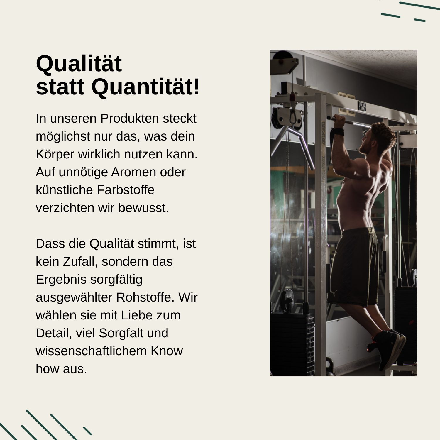 Mann trainiert an Klimmzugstange. Vita Elements legt Wert auf Qualität statt Quantität.