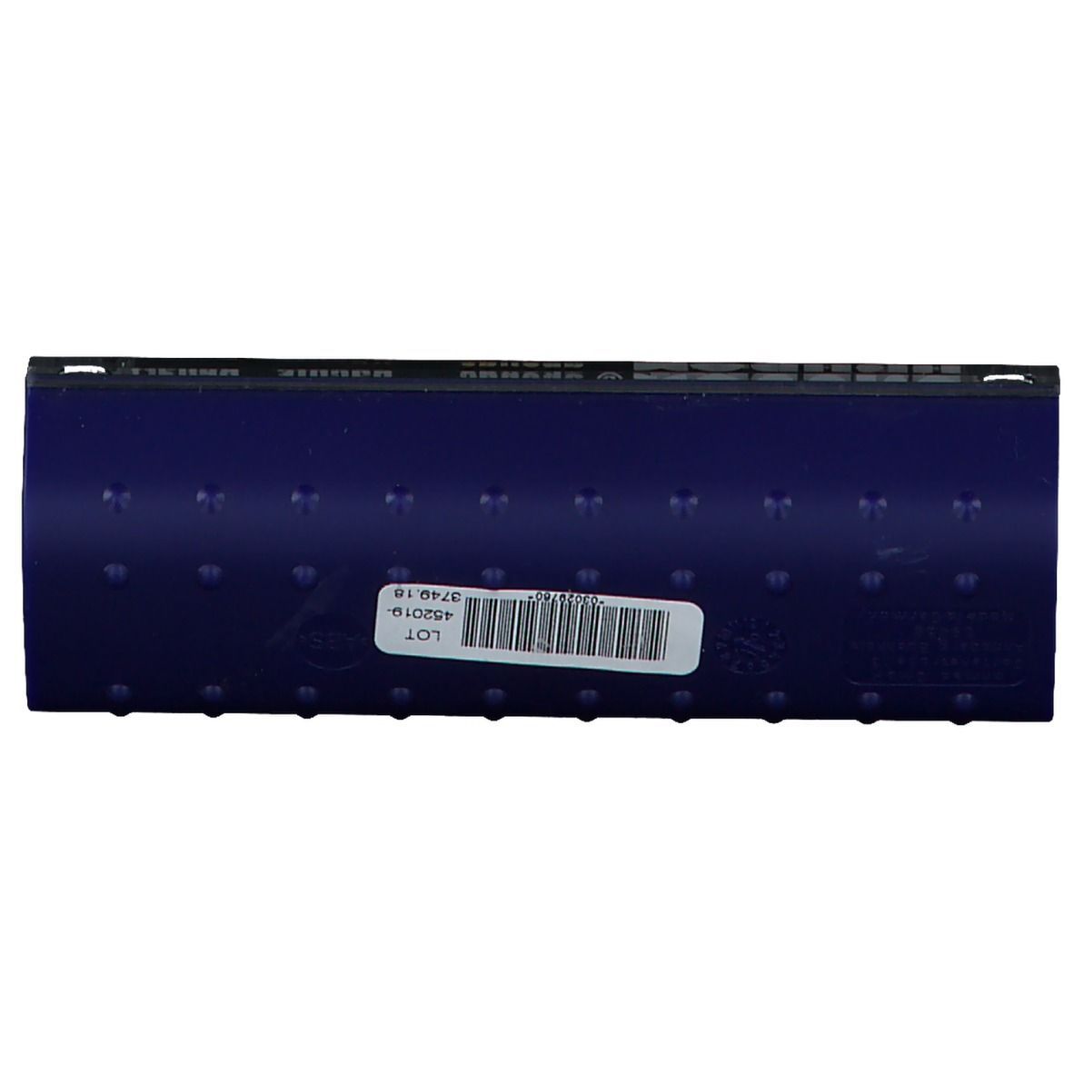 ANABOX® Tagesbox blau, Unterseite. Blaue Box mit Noppenstruktur und Etikett mit Barcode und Informationen.