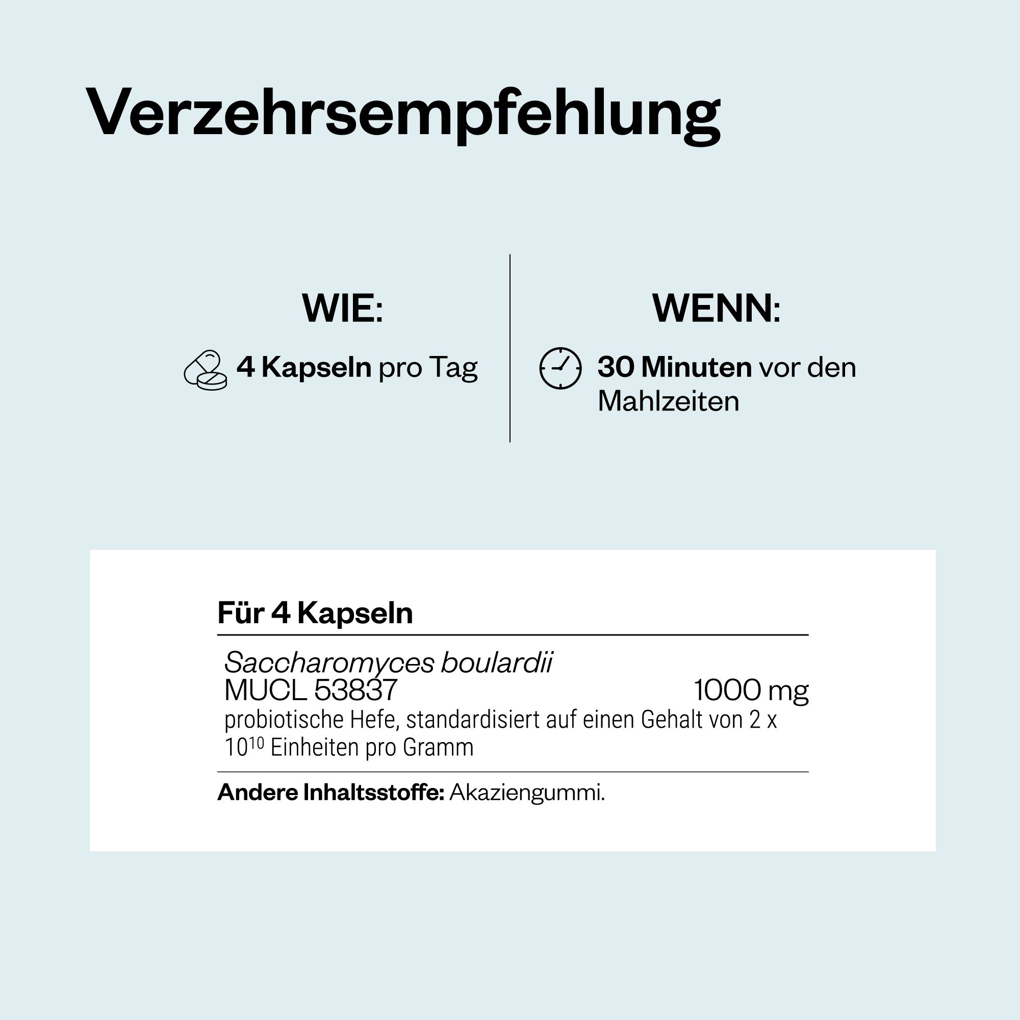 Text mit Verzehrsempfehlung. 4 Kapseln pro Tag, 30 Minuten vor den Mahlzeiten. Inhaltsstoffe: Akaziengummi.