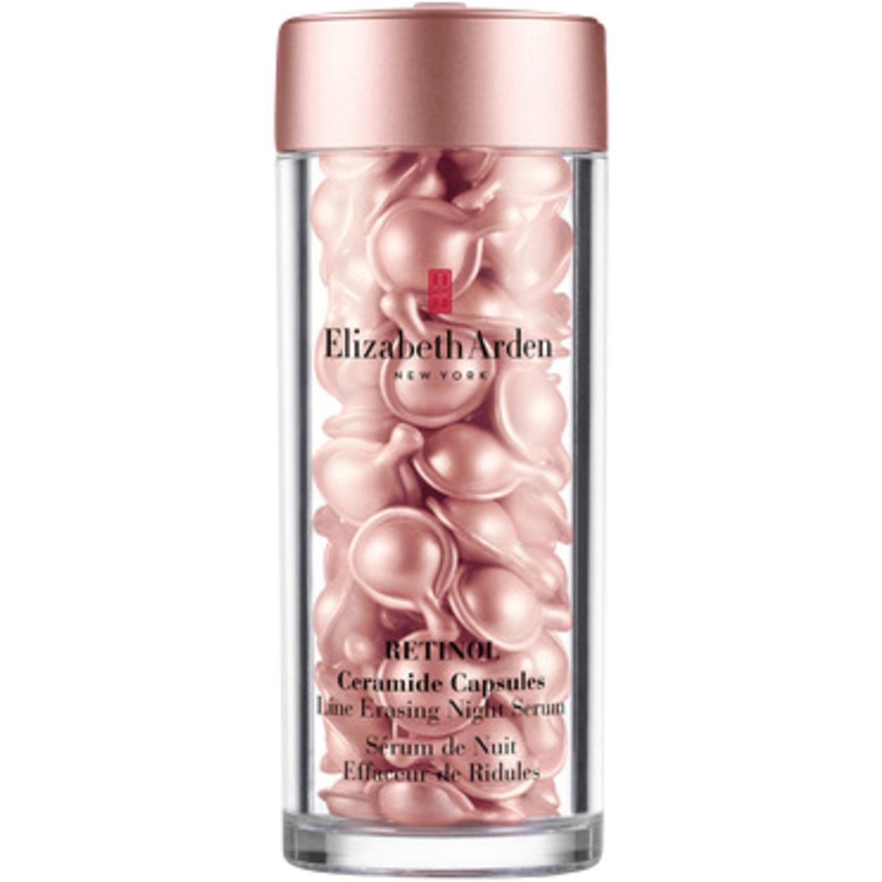 Zylindrische Flasche mit rosa Kapseln. Aufschrift: Elizabeth Arden, Retinol Ceramide Capsules Line Erasing Night Serum.
