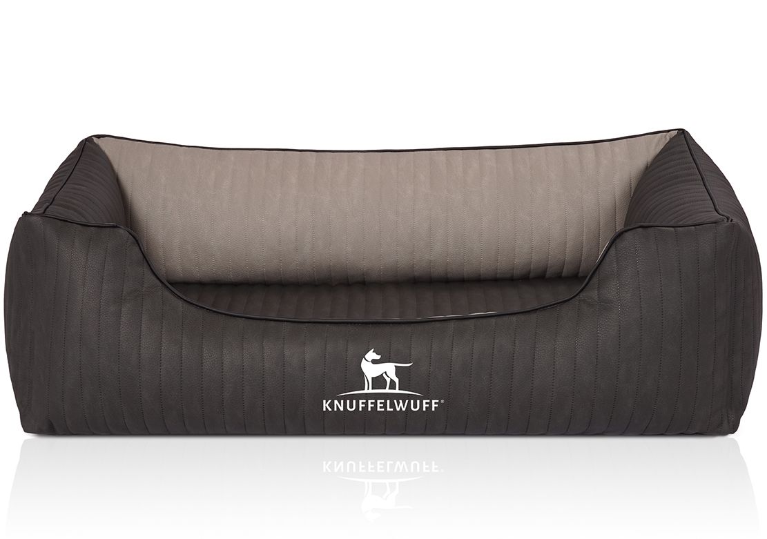 Orthopädisches Hundebett in Grau und Beige. Mit Logo. Gepolstert, rechteckig mit erhöhten Seiten.