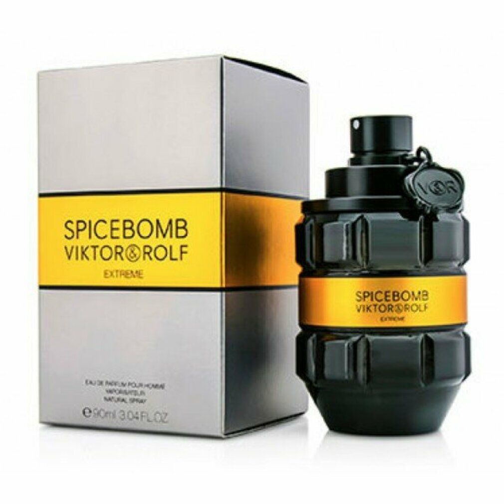 Schwarzer Flakon und silberne Schachtel. Aufschrift: SPICEBOMB VIKTOR&ROLF EXTREME. Eau de Parfum. 50ml.