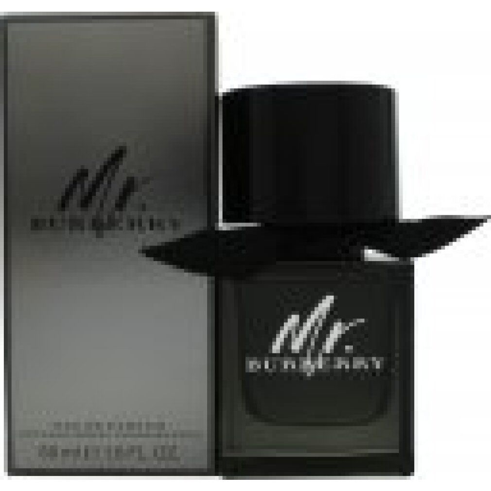 Mr. Burberry Eau de Parfum Flakon mit schwarzer Schleife und silberner Box.