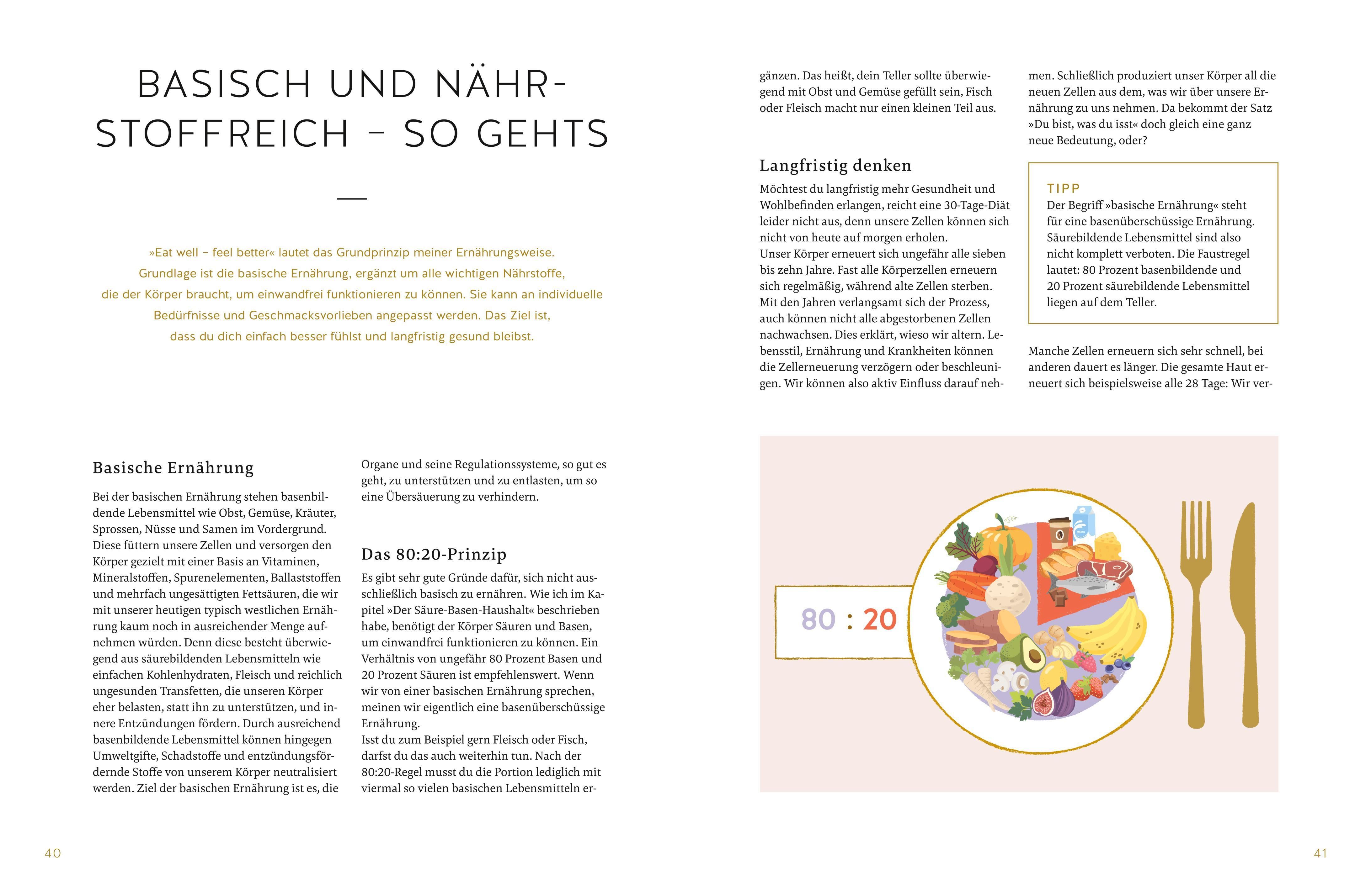Buchseite mit Text und Illustrationen. Titel: "Basisch und Nährstoffreich - So geht's". Abbildung eines Tellers mit Essen.