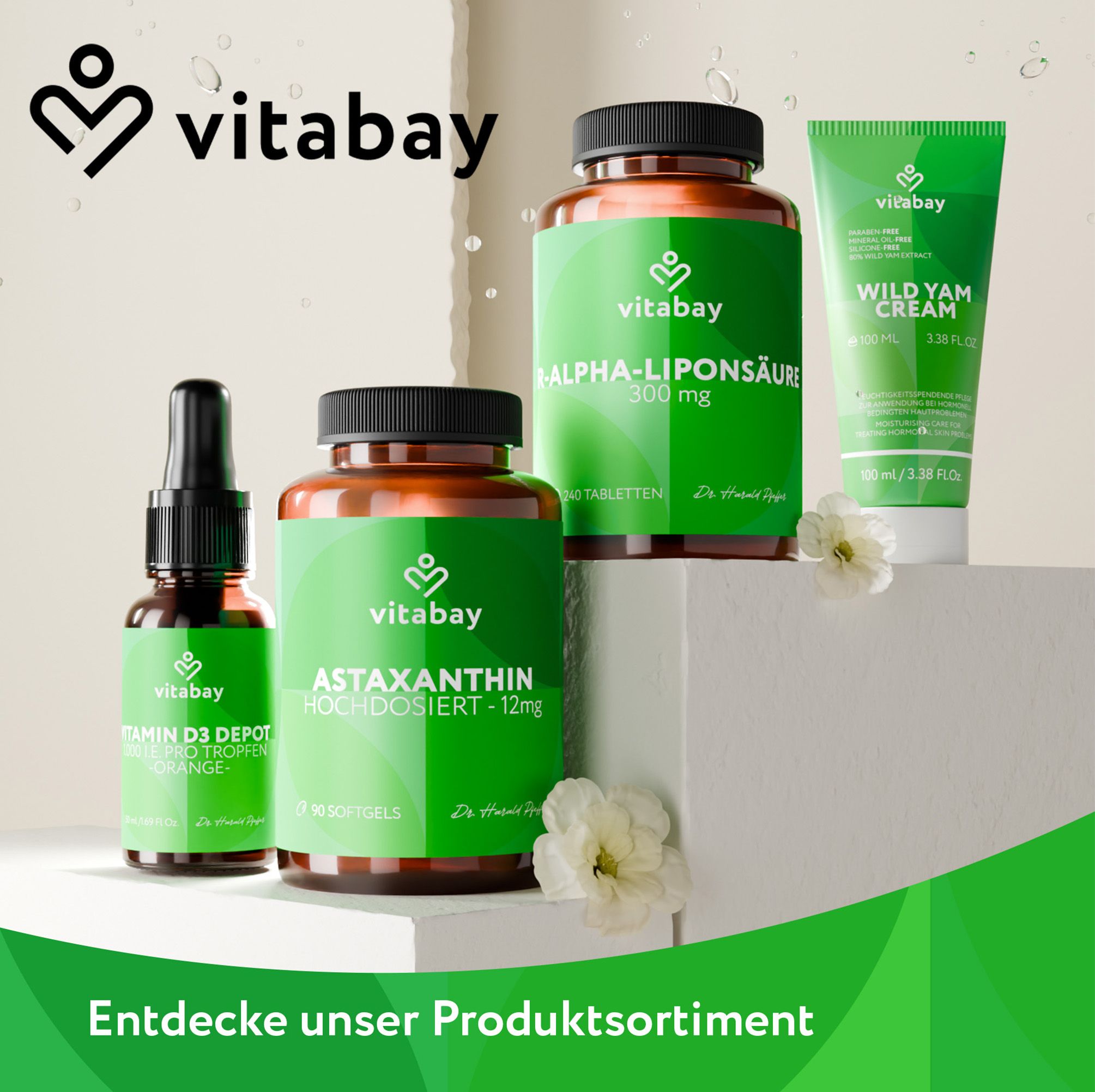 Verschiedene Produkte der Marke Vitabay. Produkte: Vitamin D3 Depot, Alpha-Liponsäure, Astaxanthin, Wild Yam Cream. Text: Entdecke unser Produktsortiment.