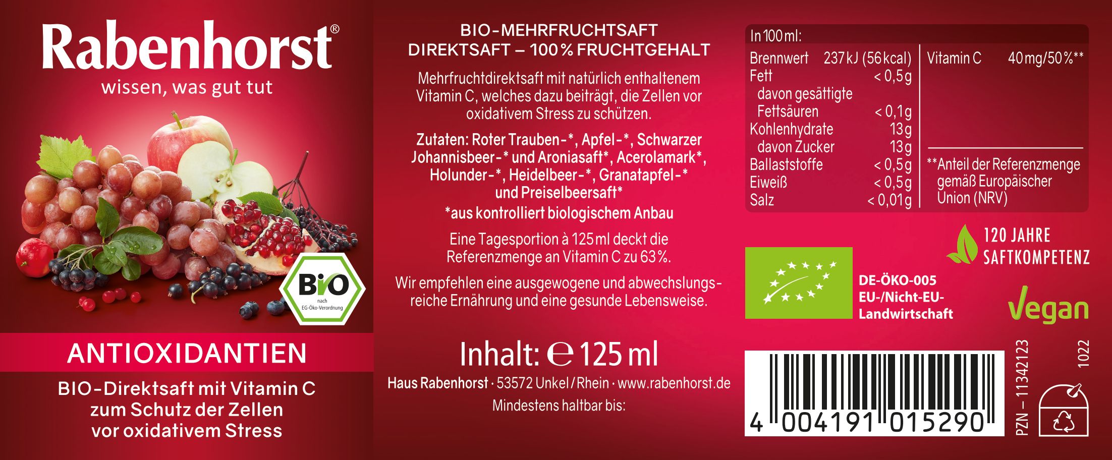 Rabenhorst Antioxidantien BIO Mini Etikett. Roter Hintergrund, Text, Frucht-Illustrationen, BIO-Siegel, Vegan-Logo, Nährwertangaben.