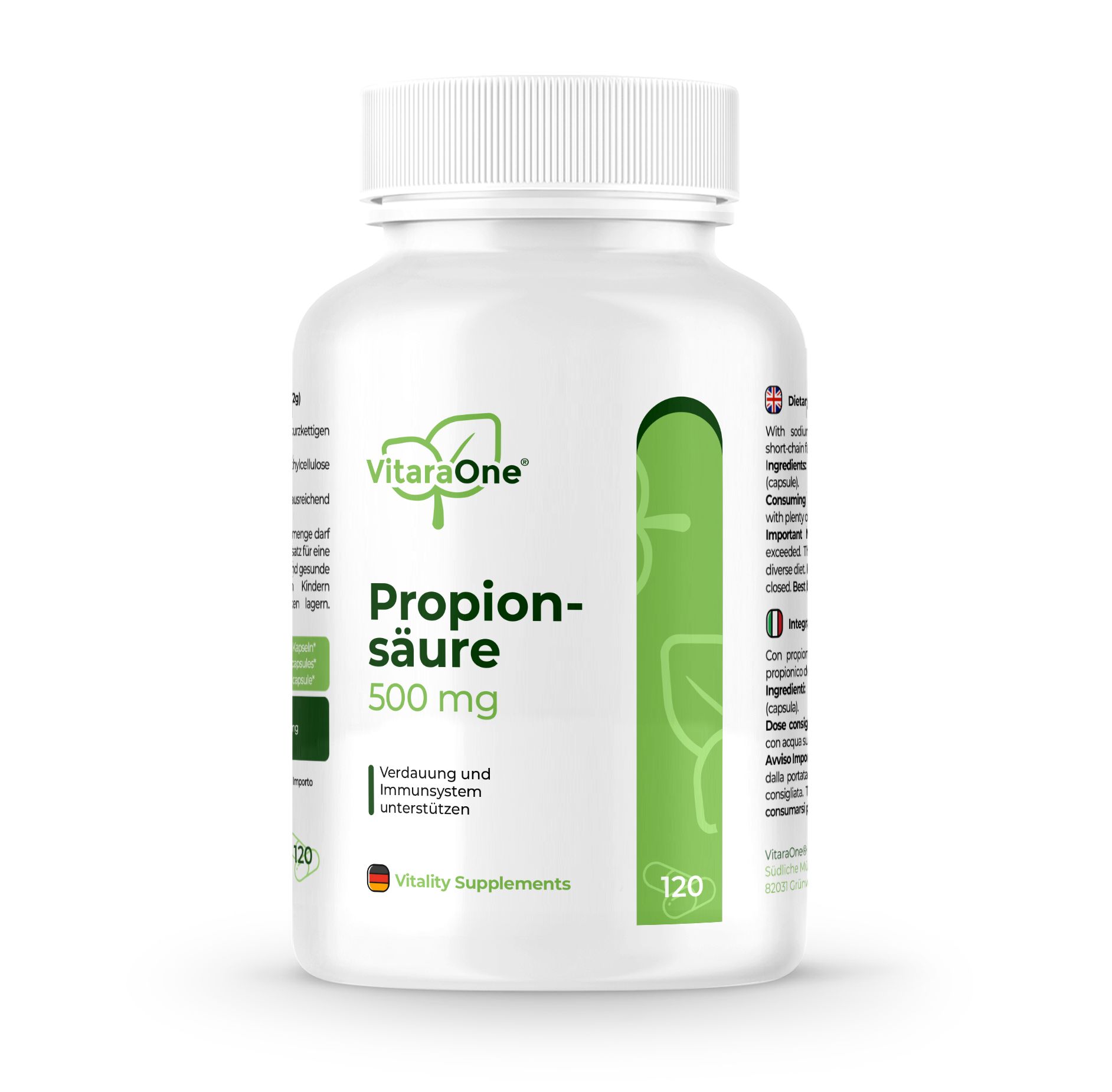 Weiße Flasche mit grünem Etikett. Aufschrift: VitaraOne, Propionsäure 500 mg. 120 Kapseln. Vitality Supplements.