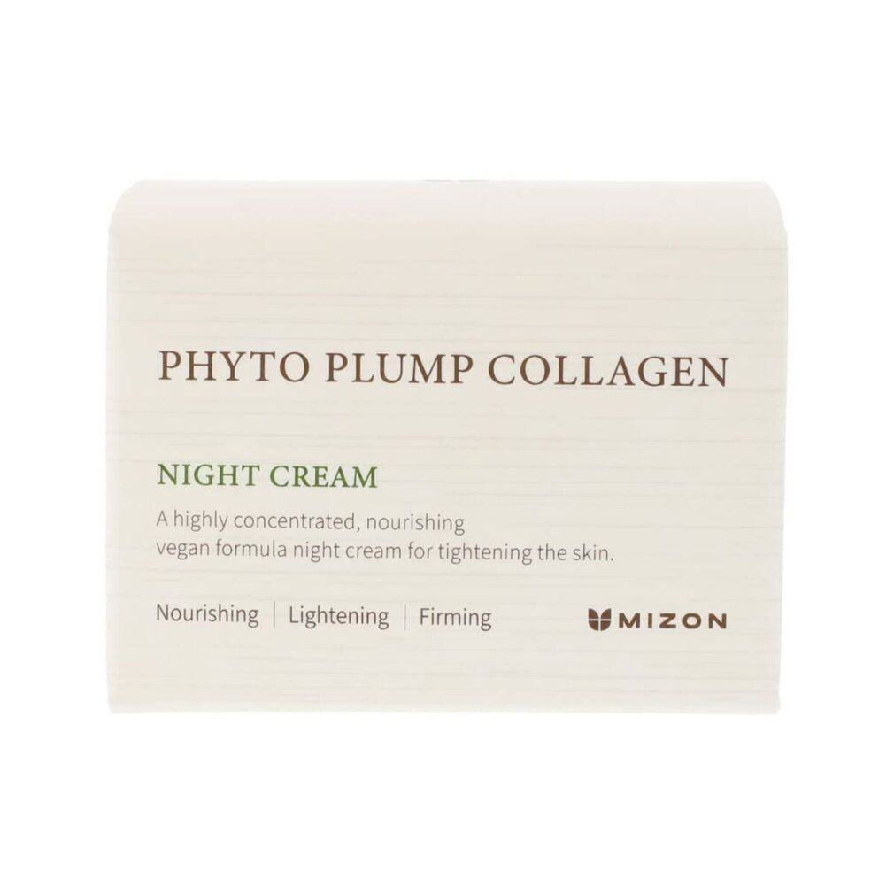 Verpackung der MIZON Phyto Plump Collagen Nachtcreme. Text: Phyto Plump Collagen, Night Cream, MIZON. Vegan.