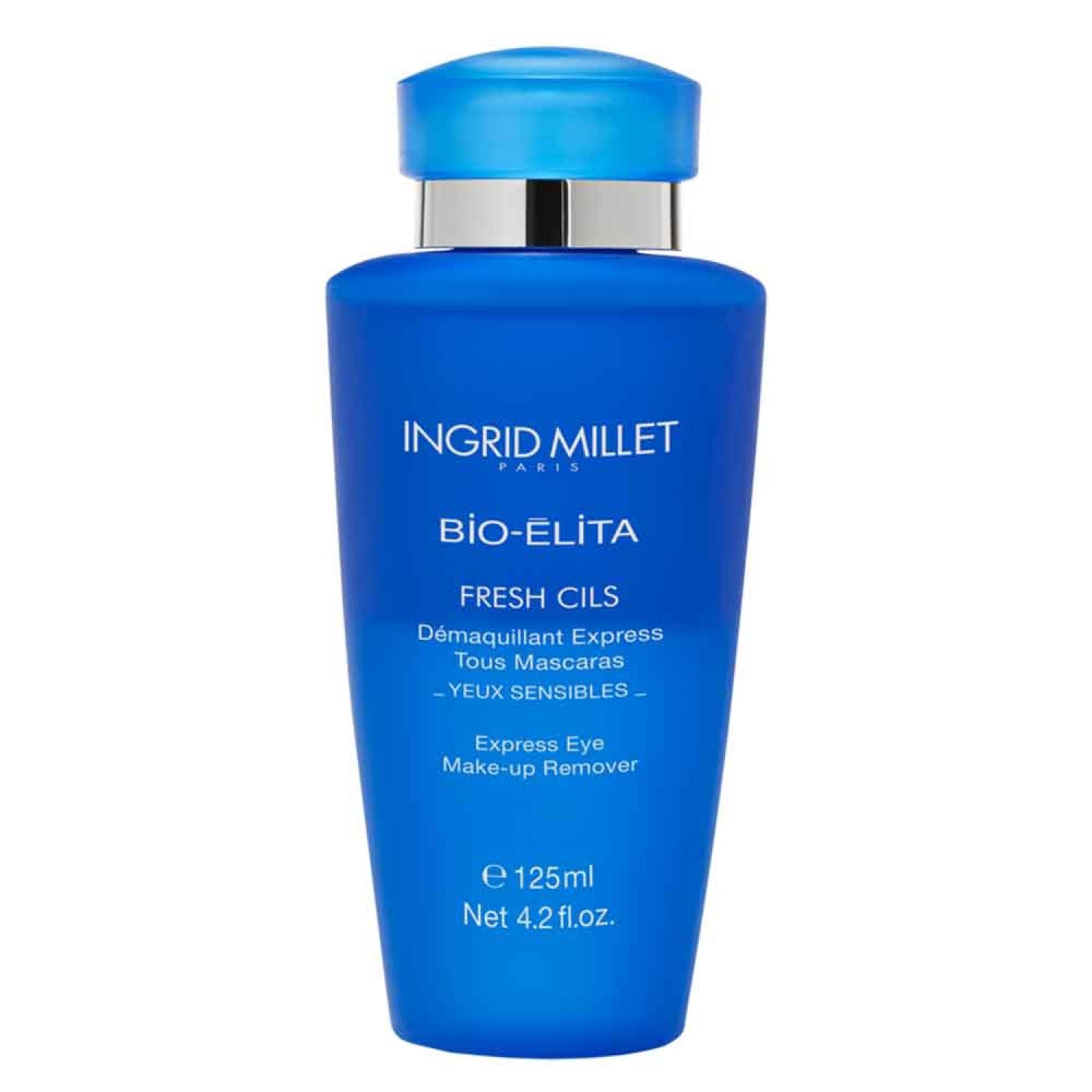 Blaue Flasche mit silbernem Deckel. Aufschrift: BIO-ÉLITA, FRESH CILS, Express Eye Make-up Remover. Ingrid Millet. 125ml.