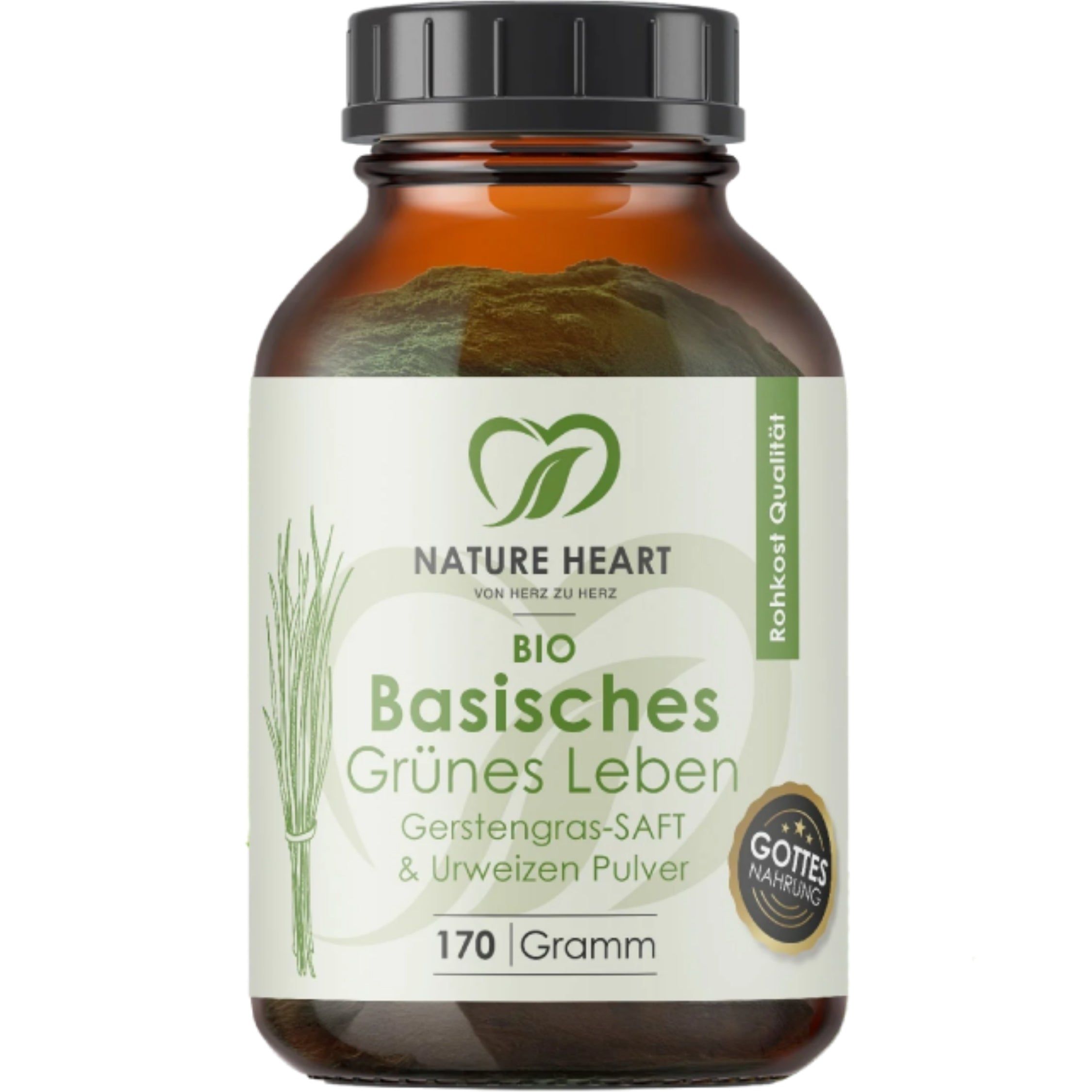 Braune Glasflasche mit schwarzem Deckel, gefüllt mit grünem Pulver. Etikett mit Natur-Herz-Logo und "BIO Basisches Grünes Leben".