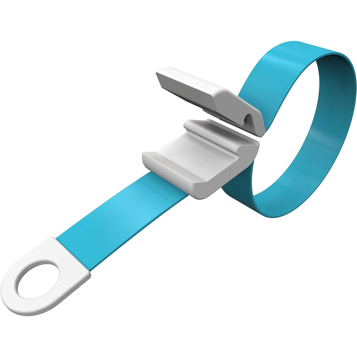 Geöffneter Venenstauer. Blaues Band mit weißem Verschluss. Hygienisches Mehrweg-Produkt.