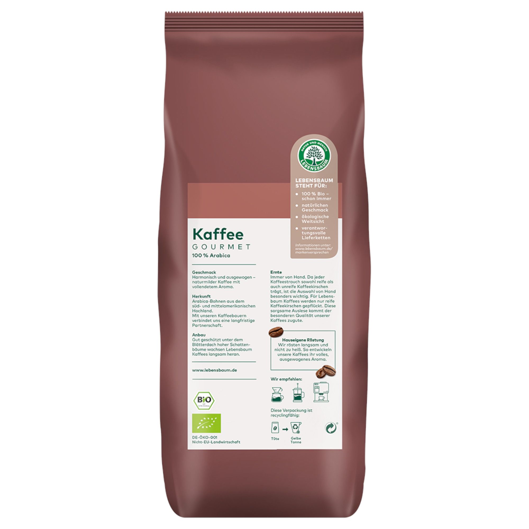 Braune Kaffeepackung mit Aufdruck 'Kaffee Gourmet 100% Arabica' und Bio-Siegel.