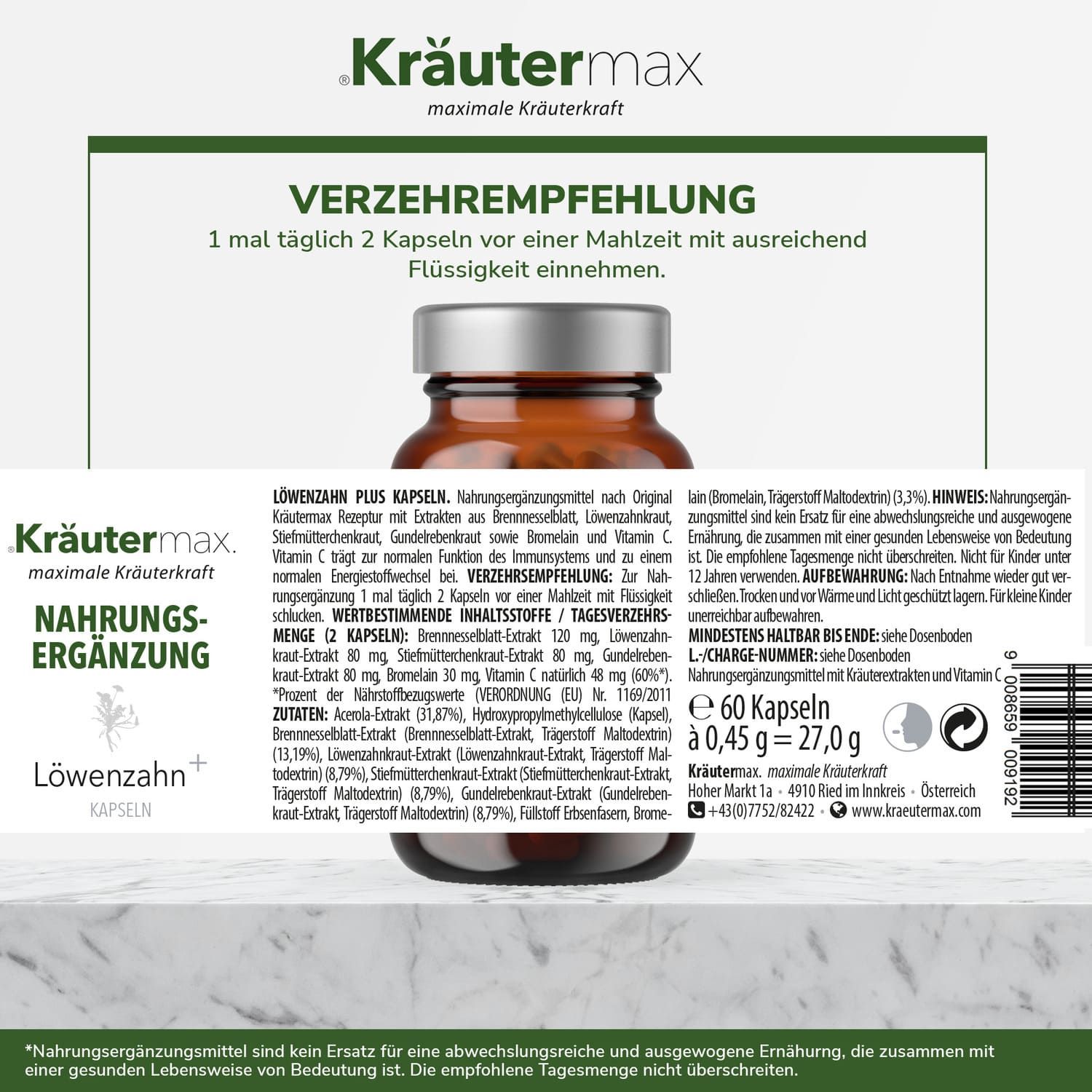 Kräutermax Löwenzahn plus Brennnessel, Gundelrebe Kapseln