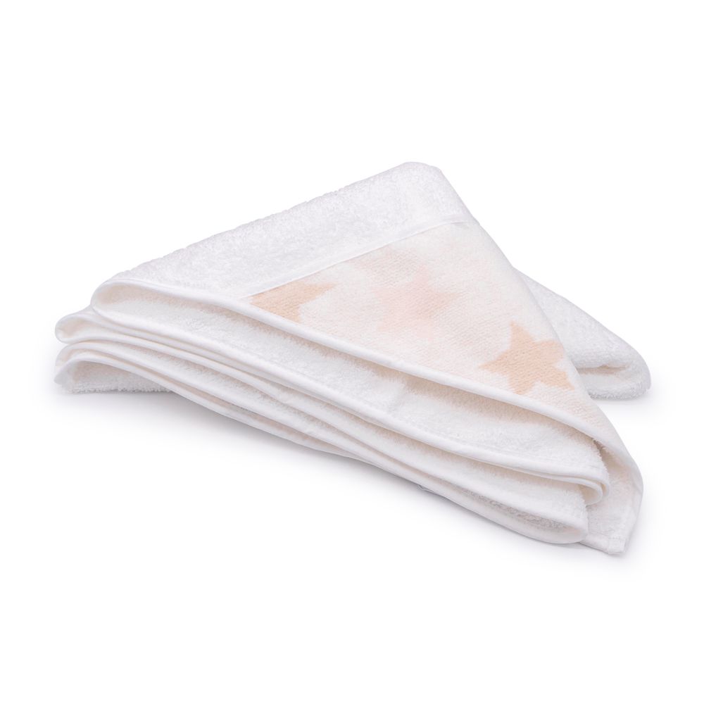 Gefaltetes Baby-Handtuch mit Sternenmuster. Rosa und weiß. Dreieckige Form.