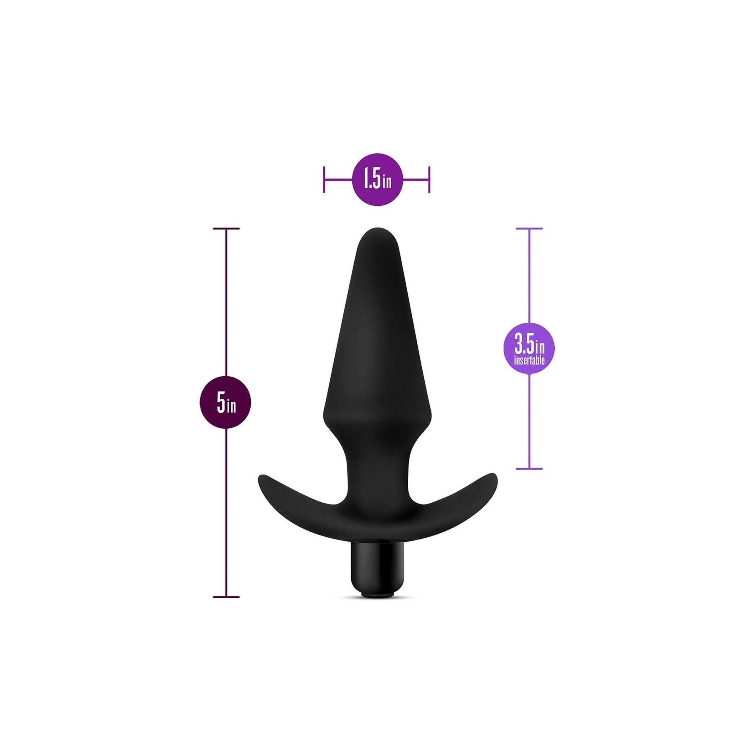 Schwarzer Plug mit kegelförmigem Schaft und T-förmigem Griff. Maße: 5 Zoll hoch, 1,5 Zoll und 3,5 Zoll breit.