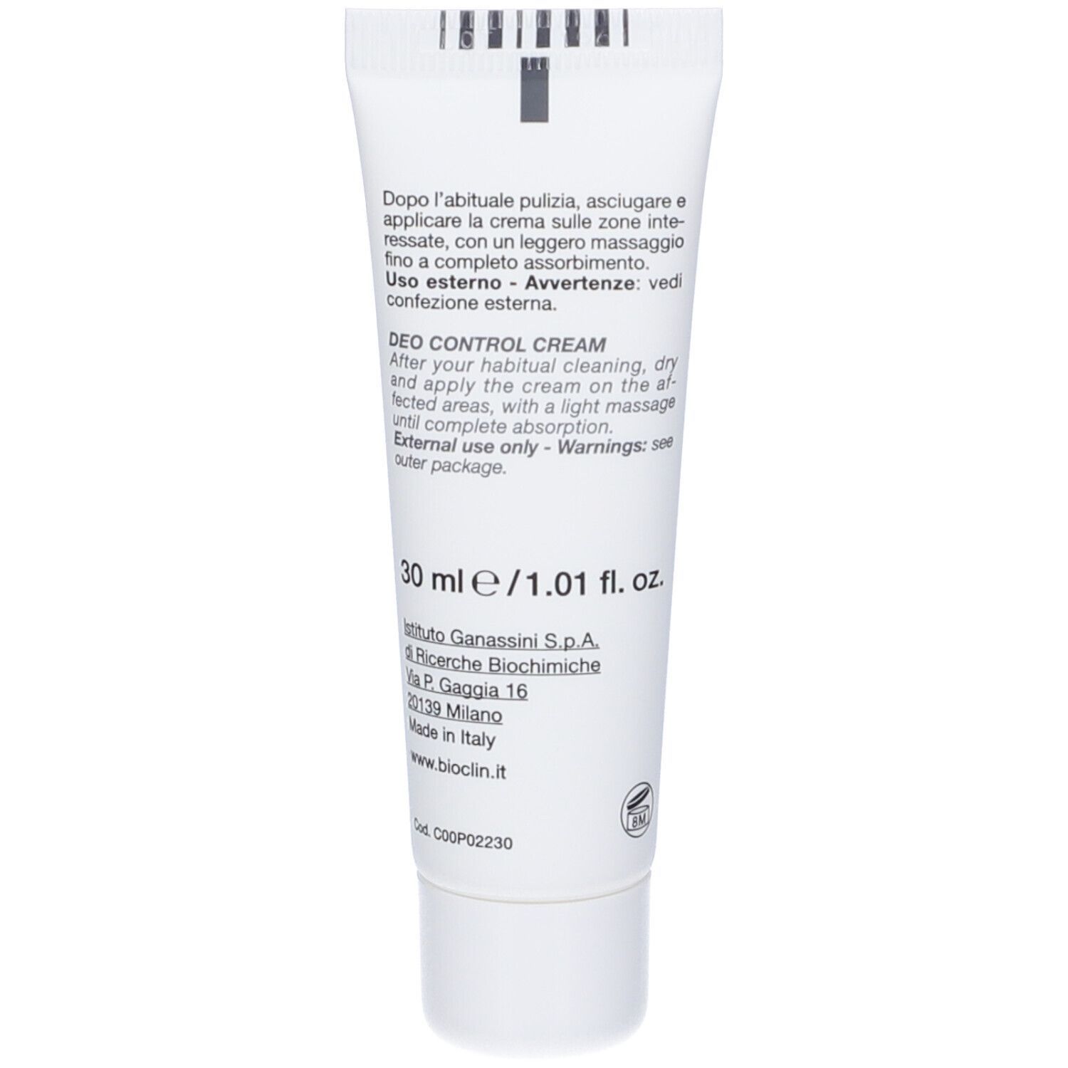 Weiße Tube mit Deo Control Cream Aufschrift, 30 ml.