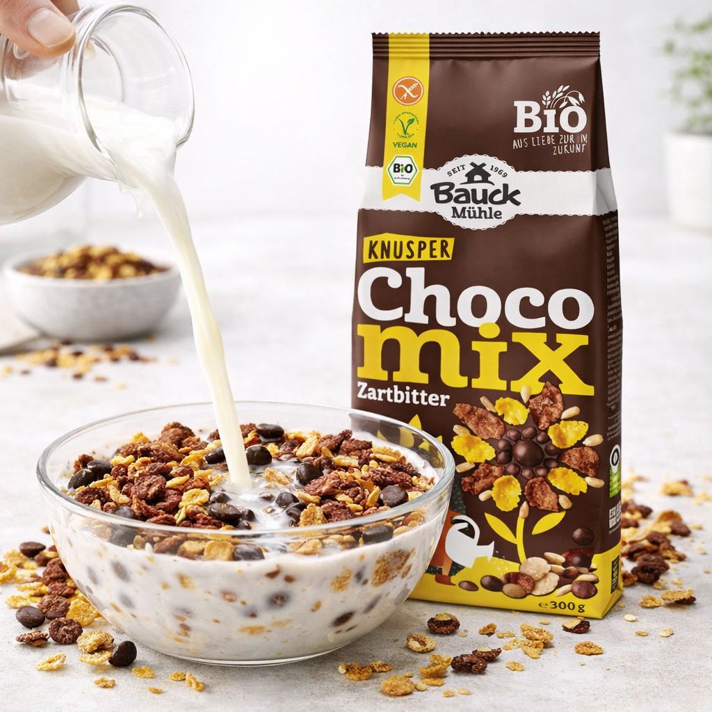 Bauckhof Knusper Choco Mix Zartbitter, glutenfreies Müsli in brauner Verpackung mit Igel-Illustration.