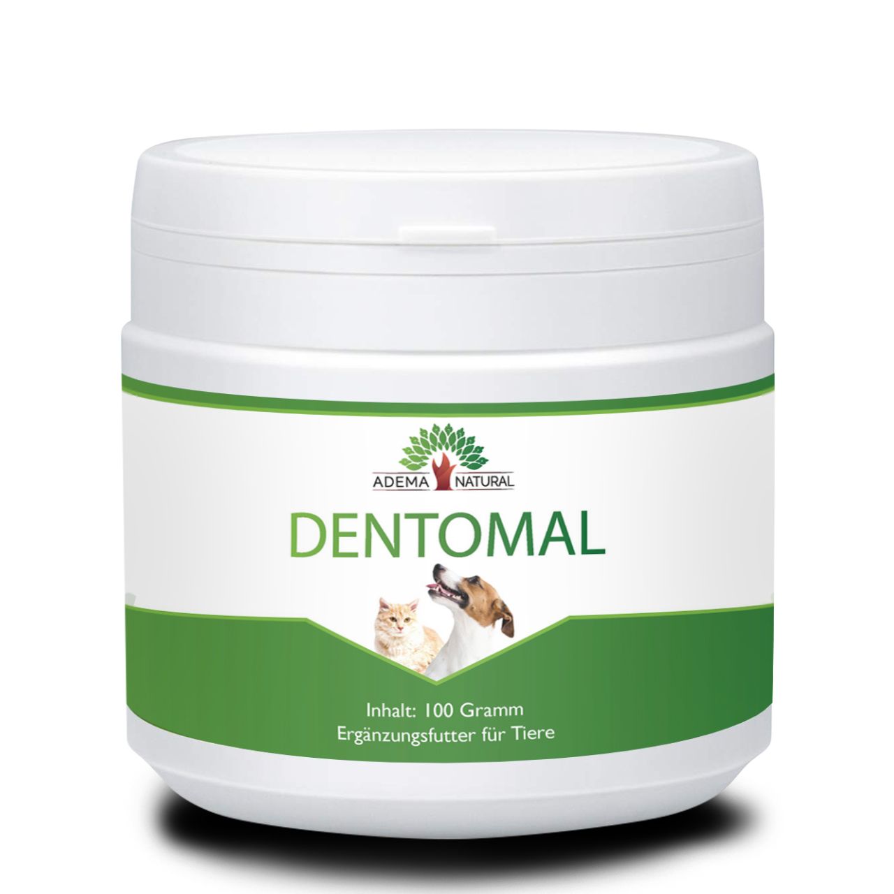 Weißer Behälter mit grünem Etikett. Aufschrift: ADEMA NATURAL, DENTOMAL, Bild von Hund und Katze. Text: Inhalt 100 Gramm, Ergänzungsfutter.
