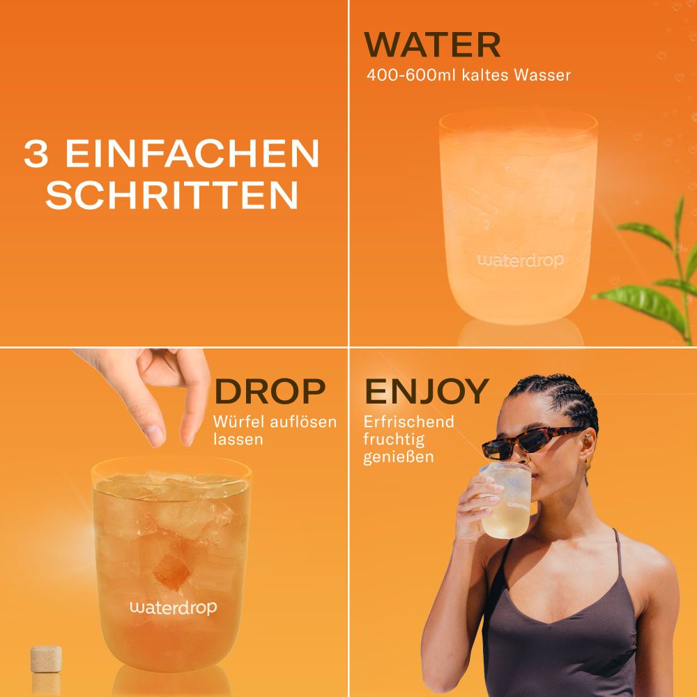 Vier Schritte zur Zubereitung von waterdrop® Eistee Pfirsich: Wasser, Drop, Genießen.