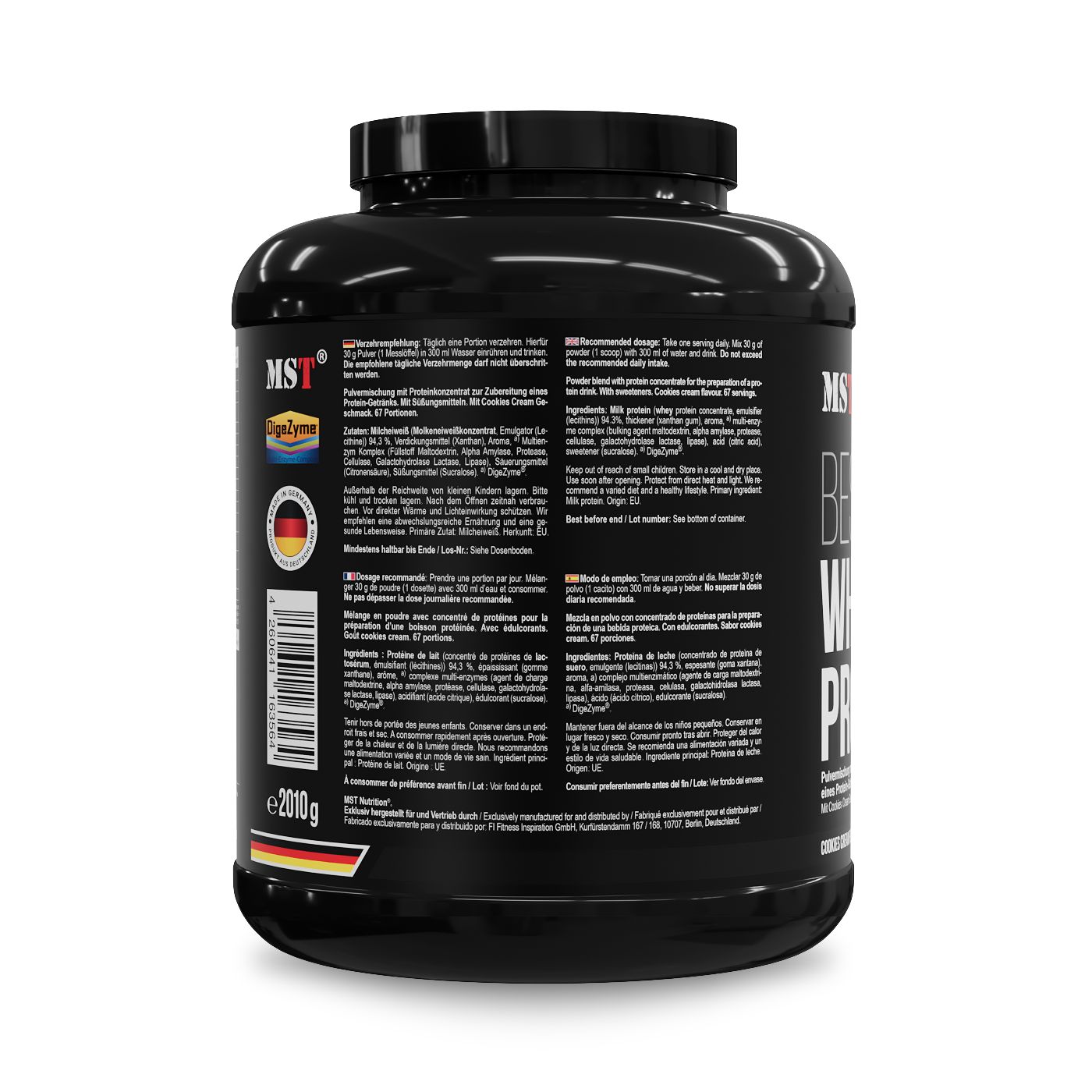 Rückseite des MST Best Whey Protein Behälters mit Produktinformationen, Siegeln und EAN-Code. 2010g.