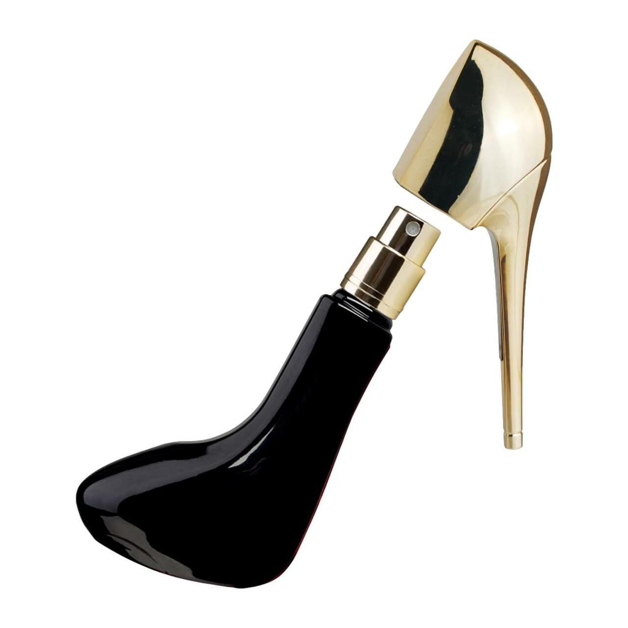 Schwarzer Flakon in Form eines High Heels, mit geöffnetem goldfarbenem Oberteil. Der Zerstäuber ist sichtbar.