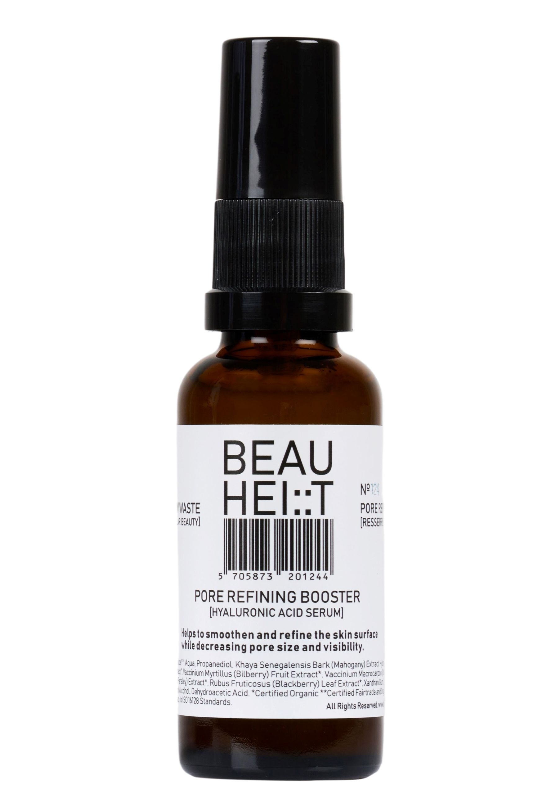 Braune Glasflasche mit schwarzem Sprühkopf. Weißes Etikett mit Produktnamen und Barcode. Text: Pore Refining Booster Hyaluronserum.