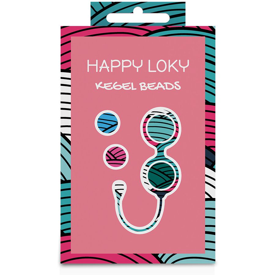 Verpackung mit Happy Loky Kegel Beads. Rosa Hintergrund mit Produktabbildung und Markenname. Türkis- und pinkfarbene Muster.
