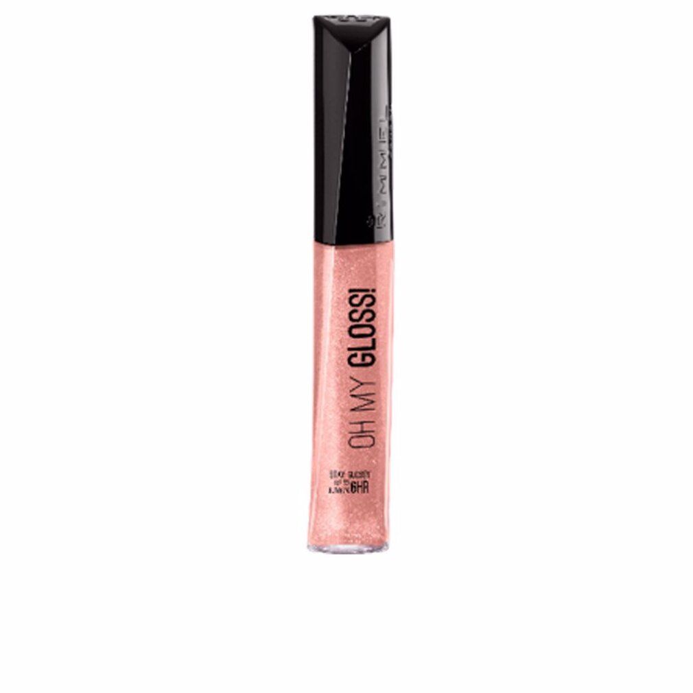 Rimmel Oh My Gloss Lipgloss, Farbton 130 Purrrlossy Car. Transparente Tube mit schwarzem Deckel. Glänzende, rosafarbene Textur.