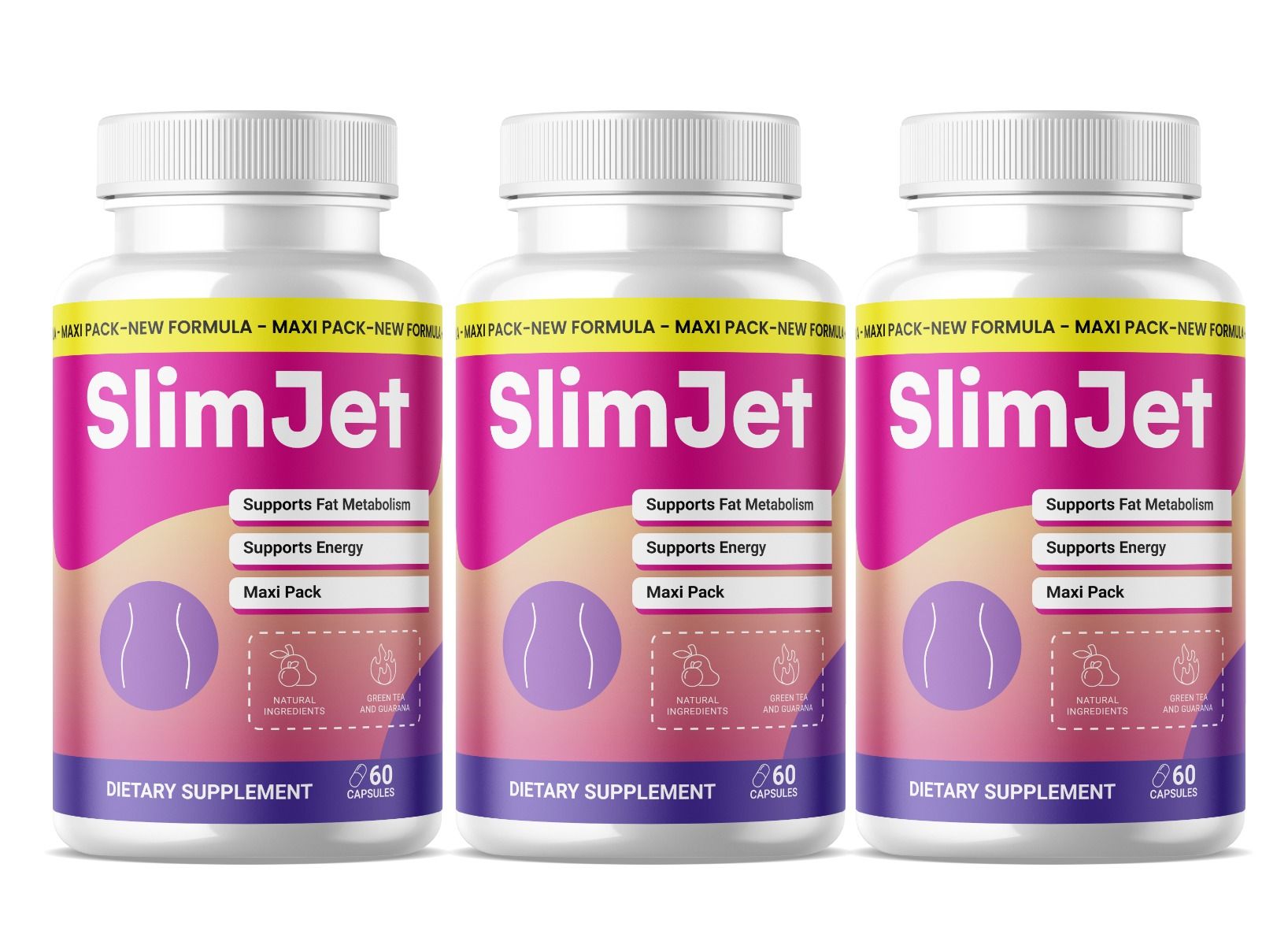 Drei weiße Pillenbehälter mit rosa Etiketten. Aufschrift SlimJet, unterstützt Fettstoffwechsel, Energie und Maxi-Pack. 60 Kapseln.