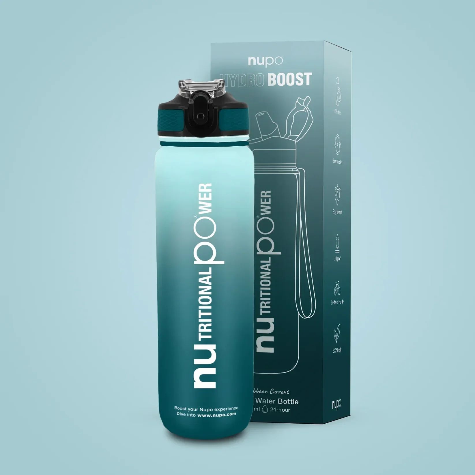 Onyx Elegance Wasserflasche mit Verpackung. Blau-grüner Farbverlauf. Aufdruck 'nu TRITIONAL POWER'. Schwarzer Deckel. BPA-frei.
