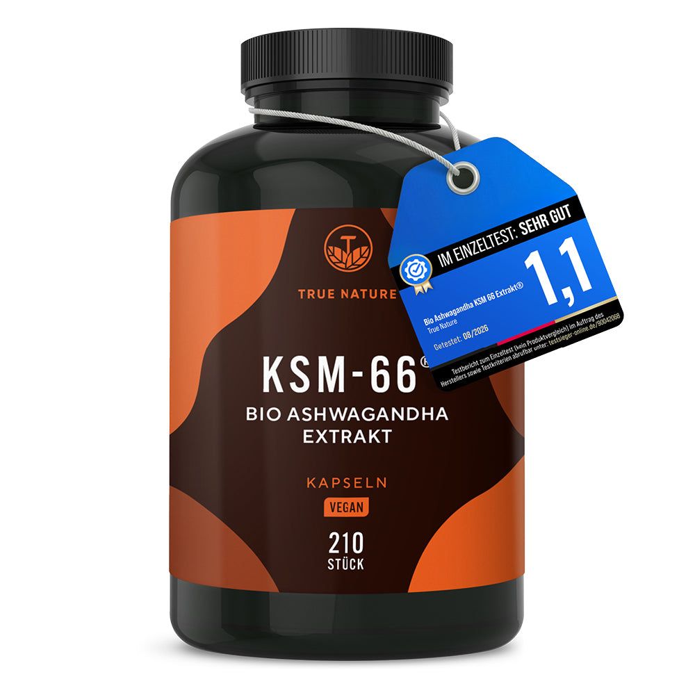 Dunkler Behälter mit KSM-66 Bio Ashwagandha Extrakt Kapseln, 210 Stück. Mit Siegel 'Im Einzeltest: Sehr gut'.