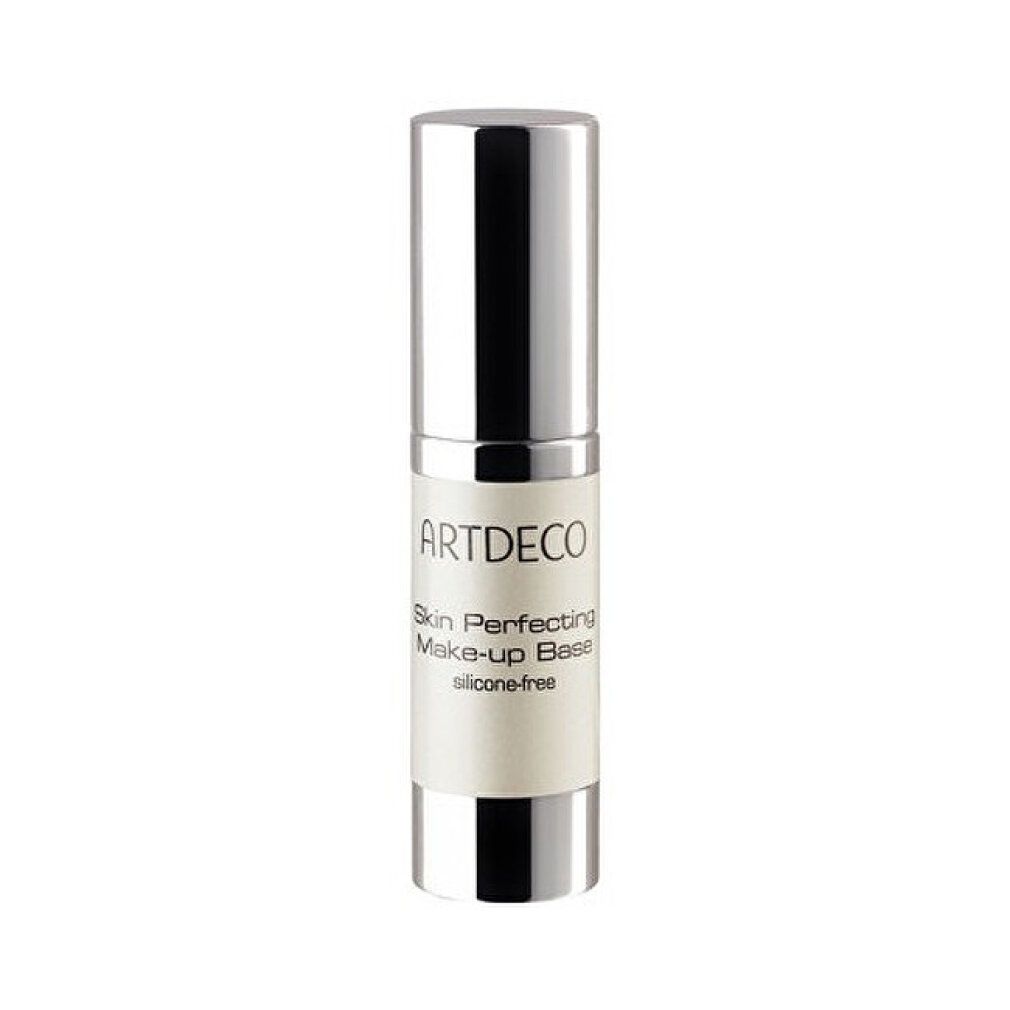 Artdeco Skin Perfecting Make-up Base. Silberne Flasche mit Produkttext. Deckel aufgesetzt.