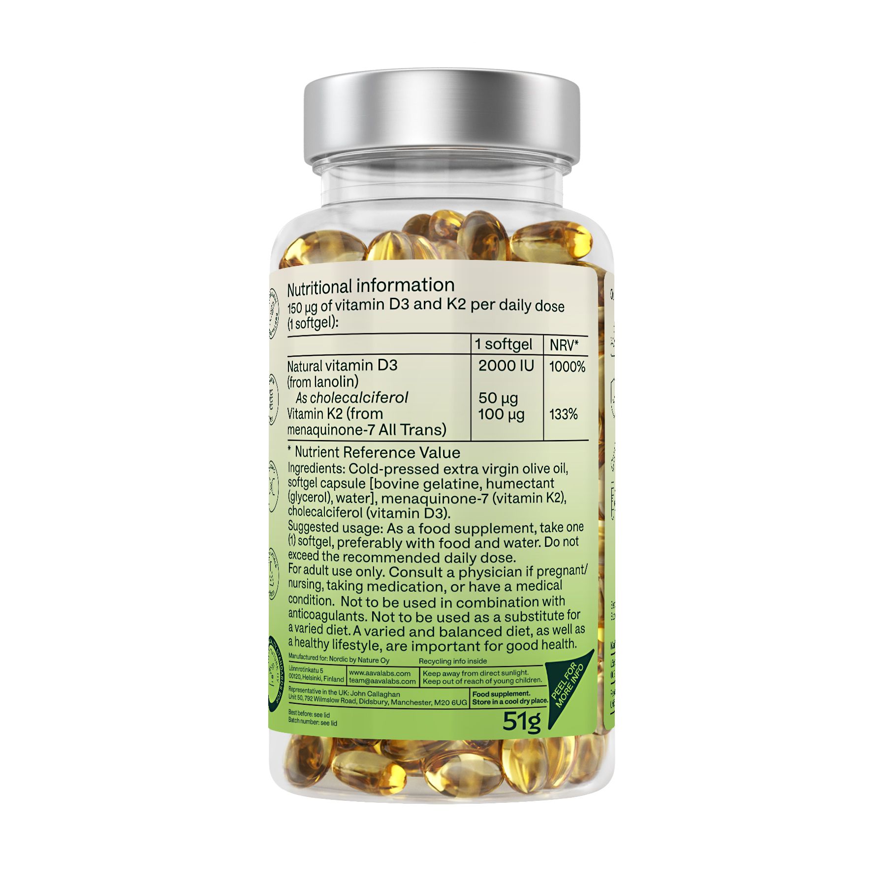 Aavalabs Vitamin D3 + K2 – 2000 IE D3 & 100 µg K2 MK-7 – Mit nativem Olivenöl