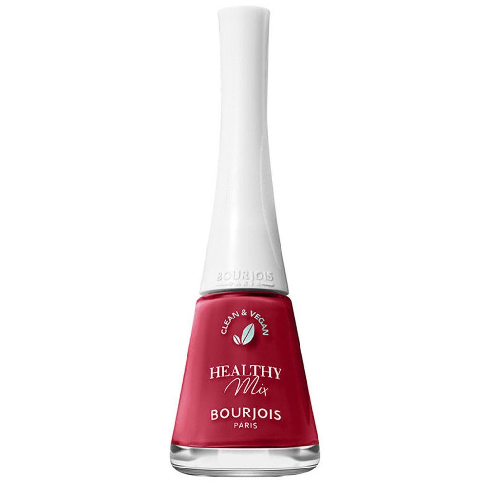 Nagellackflasche, rot, mit weißem Deckel. Aufschrift: Healthy Mix, Bourjois. Clean & Vegan.