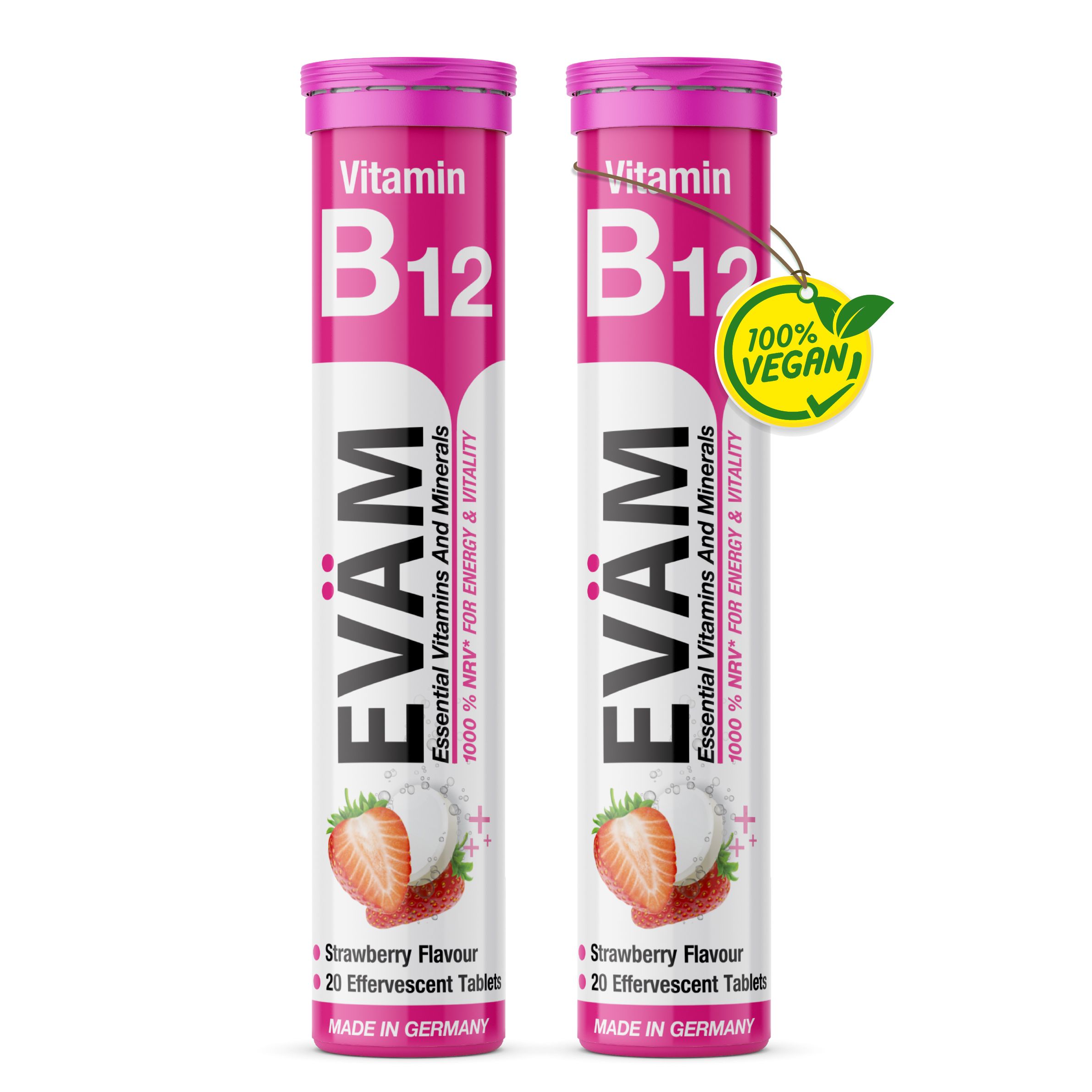 Zwei EVÄM Vitamin B12 Brausetabletten-Tuben. Erdbeer-Geschmack. 100% Vegan. 20 Tabletten pro Tube.