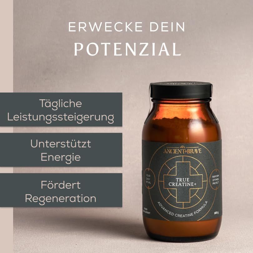 Braune Glasflasche mit True Creatine+ Etikett, daneben drei Textfelder mit Vorteilen.