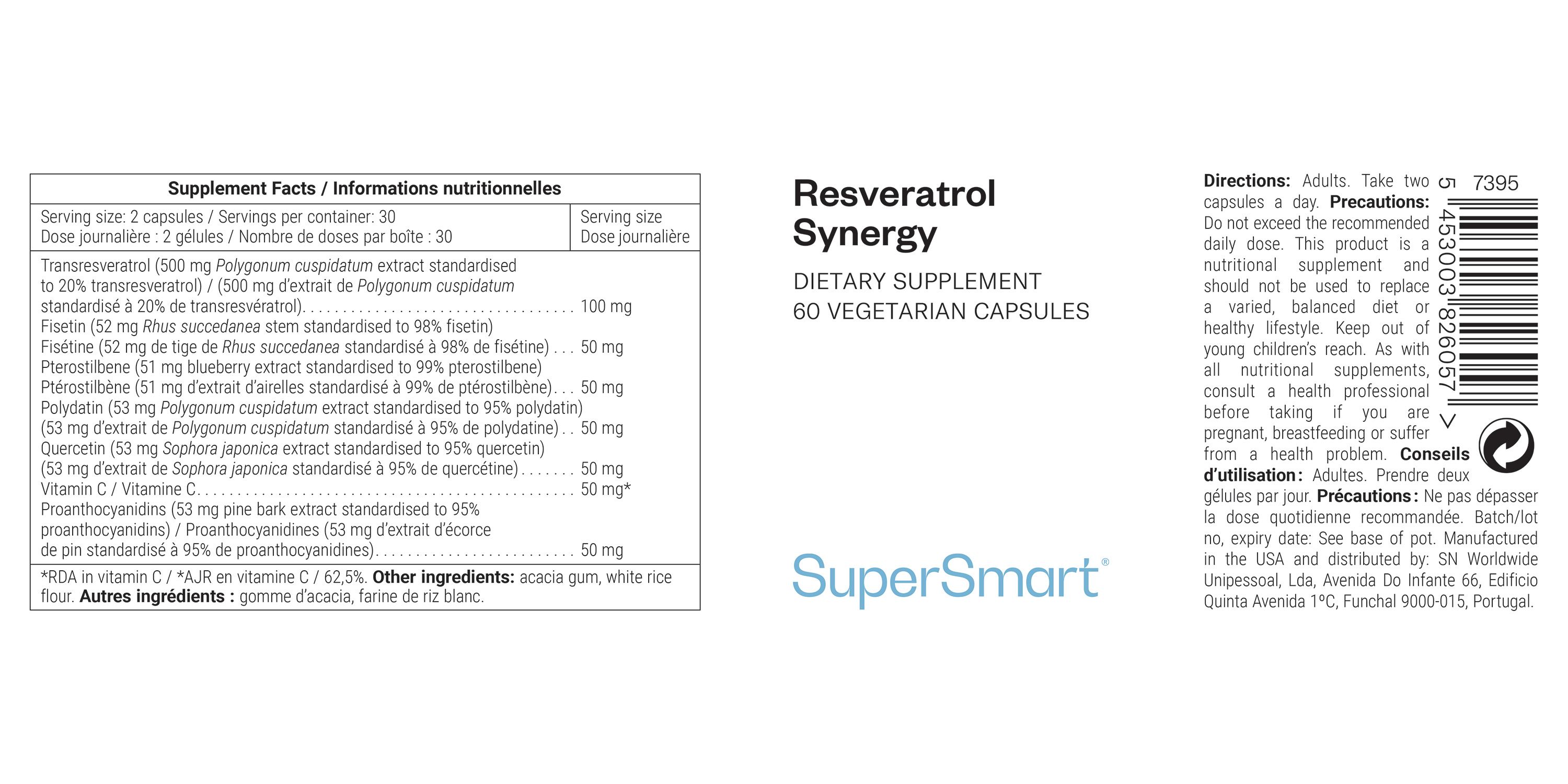 Etikett mit Produktinformationen. "Resveratrol Synergy" und "SuperSmart" sind sichtbar. Enthält 60 vegetarische Kapseln.