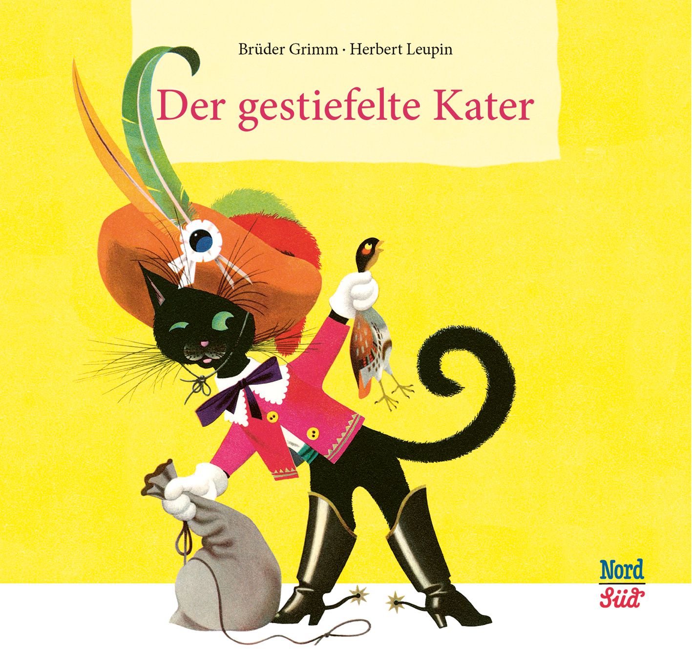 Buchcover mit Illustration. Titel: Der gestiefelte Kater. Schwarze Katze mit Hut, roter Jacke, hält Vogel und Sack. Verlag NordSüd.